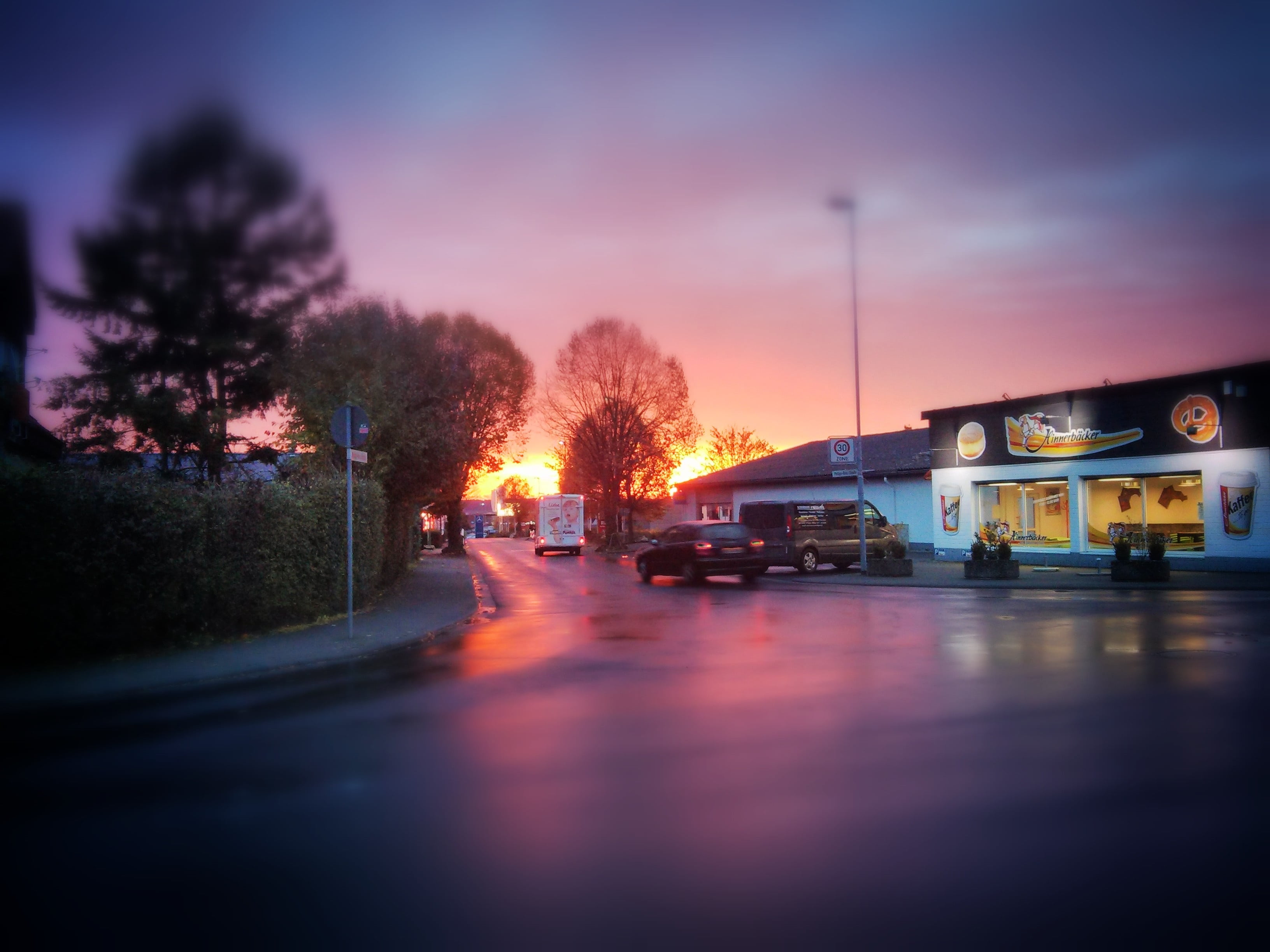 transportation, cafeteria, 2K, tree, night, sun, traffic, nature, cloud - sky, car, morning, countryside, mode of transportation, sky, sunrise, outdoors, HD Wallpaper