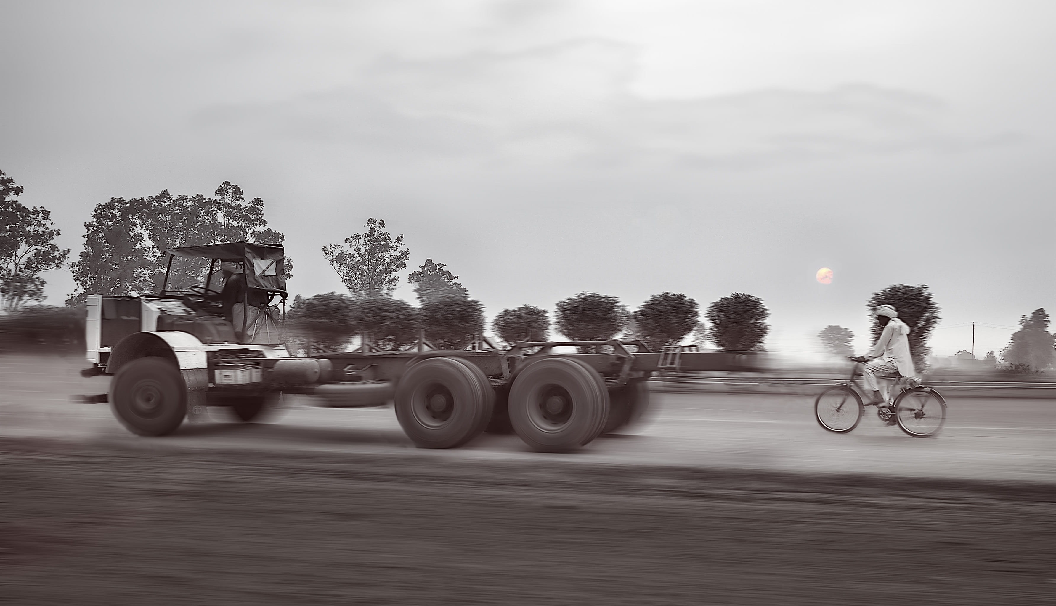 transport, morning, day, on the move, blurred motion, scene, morning hour, city, lighting, street, Commercial Vehicle, sky, activity, monochrome, 2K, nature, HD Wallpaper