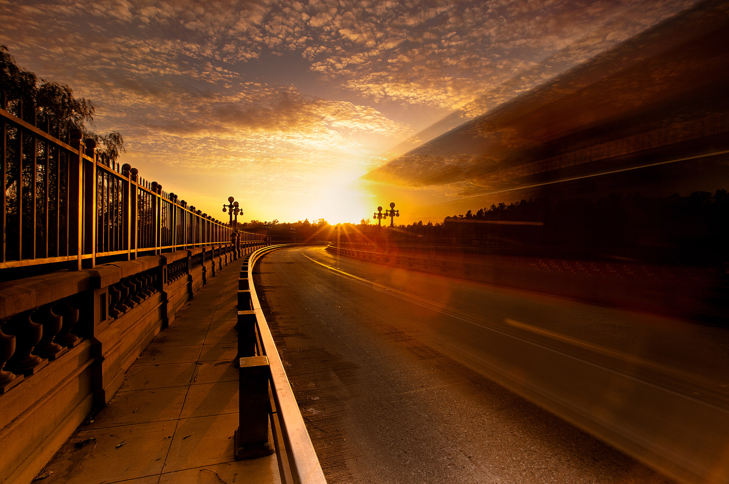 morning, speed, road, mode of Transport, bridge - Man Made Structure, direction, scenics, street, beauty in nature, sky, light, architecture, the city, HD Wallpaper