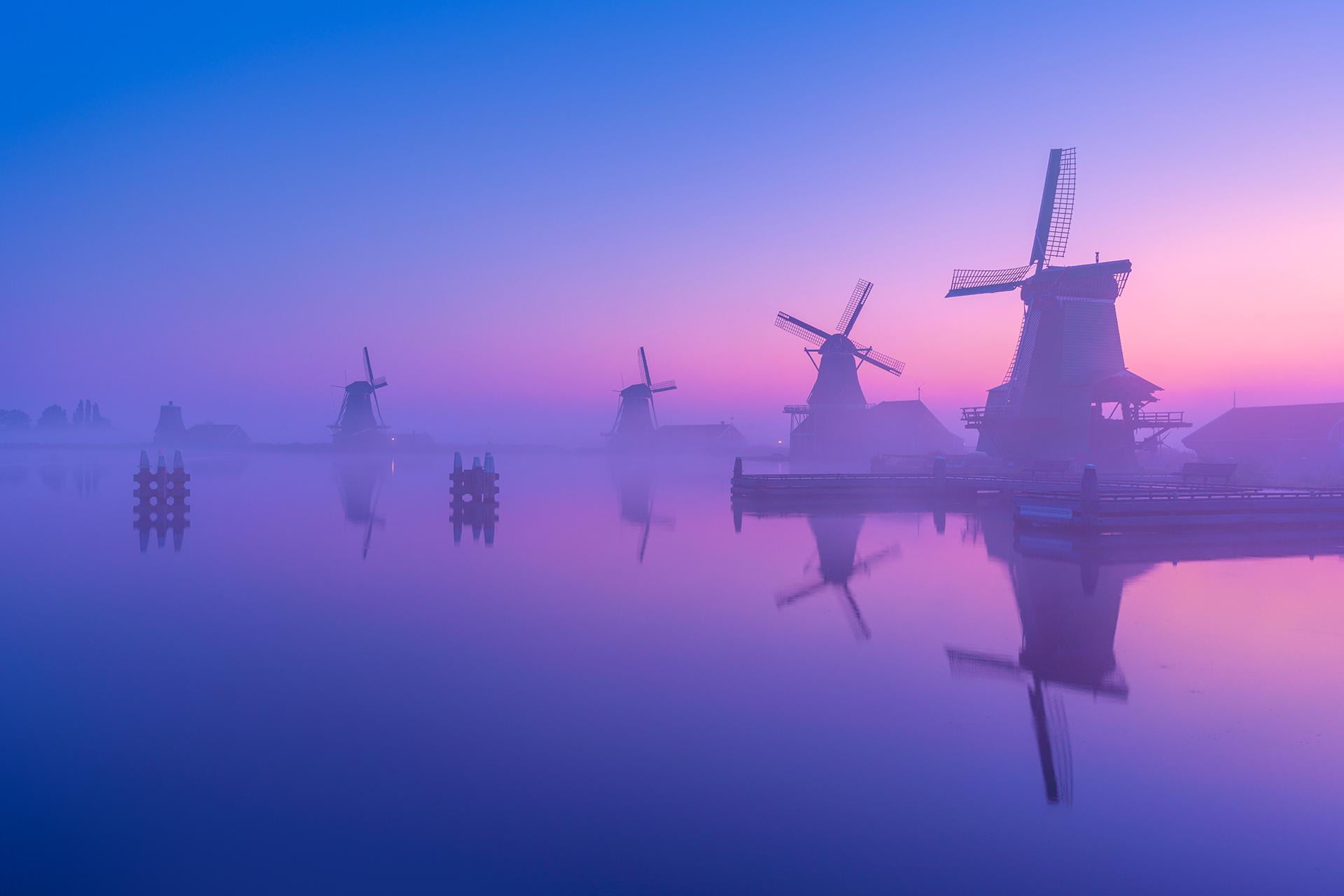 sunrise, morning, Netherlands, 1080P, calm, windmill, HD Wallpaper