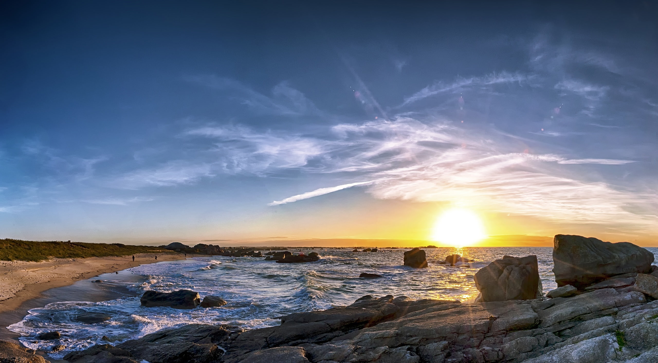hdri, water, scenics - nature, tranquil scene, sunrise, two, tranquility, sea, stones, landscape, sun, sunlight, motion, land, solid, sunshine, no people, HD Wallpaper