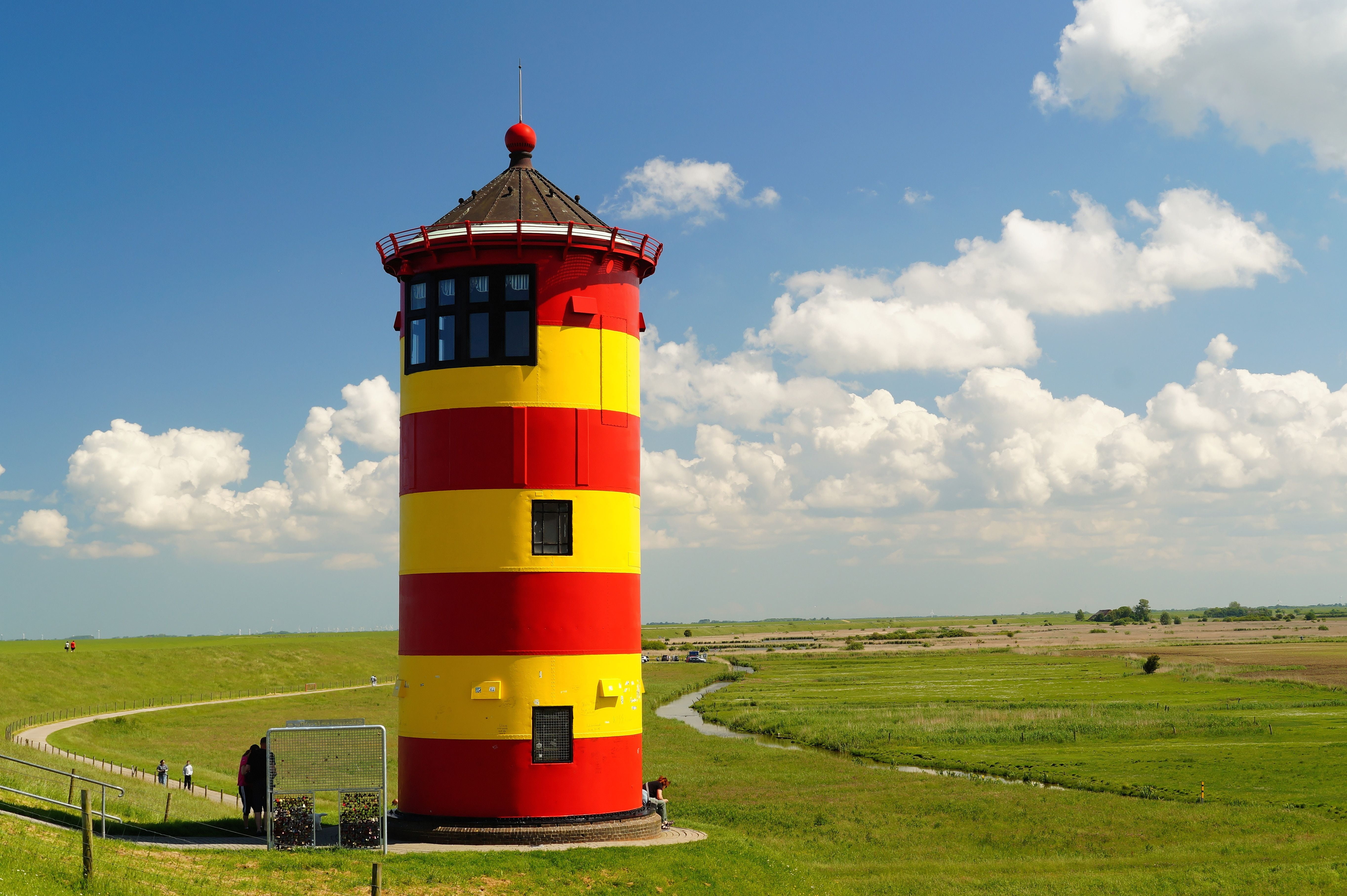 building exterior, lighthouse, no people, grass, security, nature, safety, east frisia, north sea, landscape, tourism, outdoors, tower, land, 5K, red, HD Wallpaper