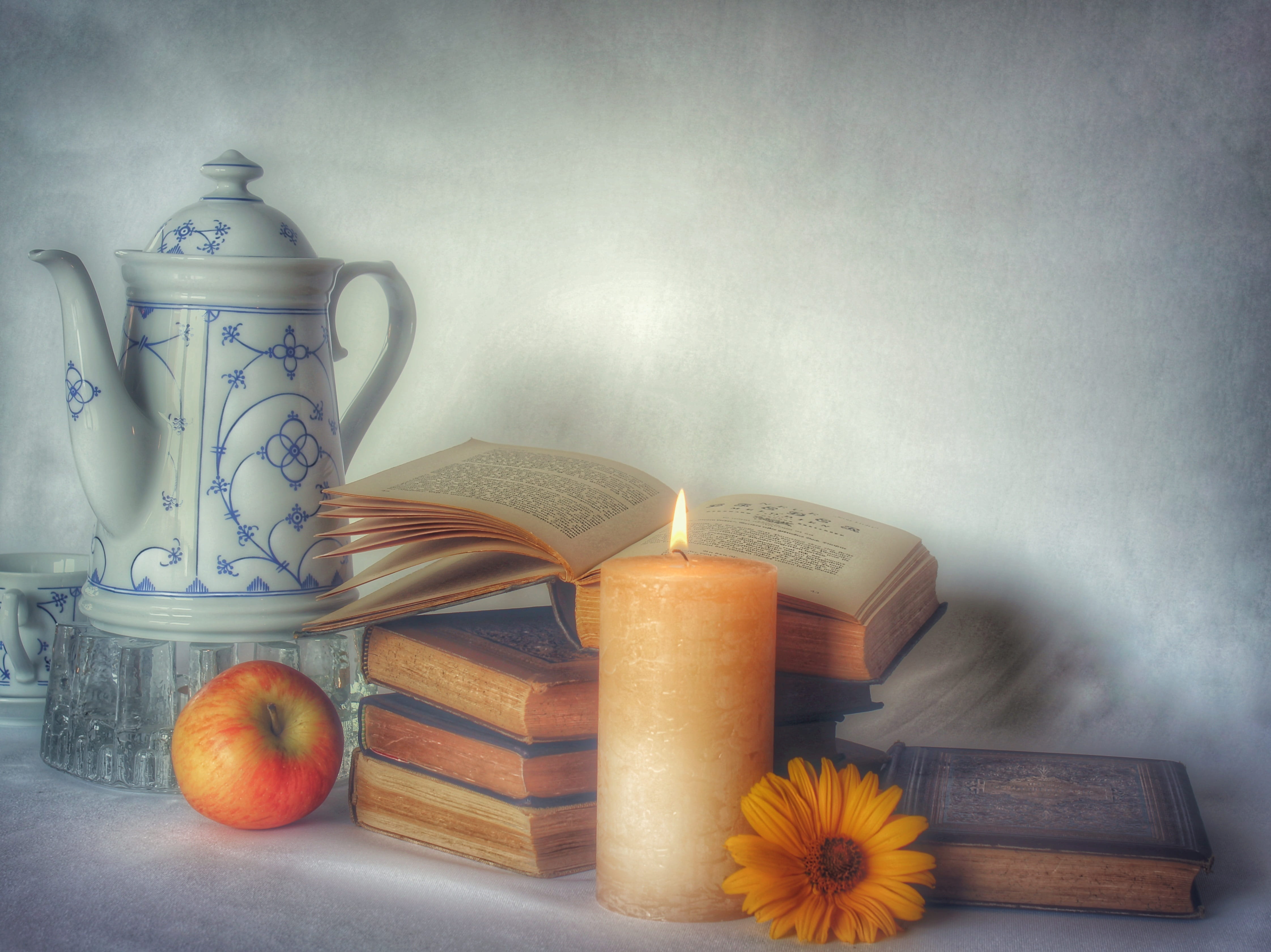 flowering plant, drink, kitchen utensil, candle, floral pattern, still life, no people, freshness, wellbeing, coffee, apple, indoors, 4K, teapot, book stack, HD Wallpaper