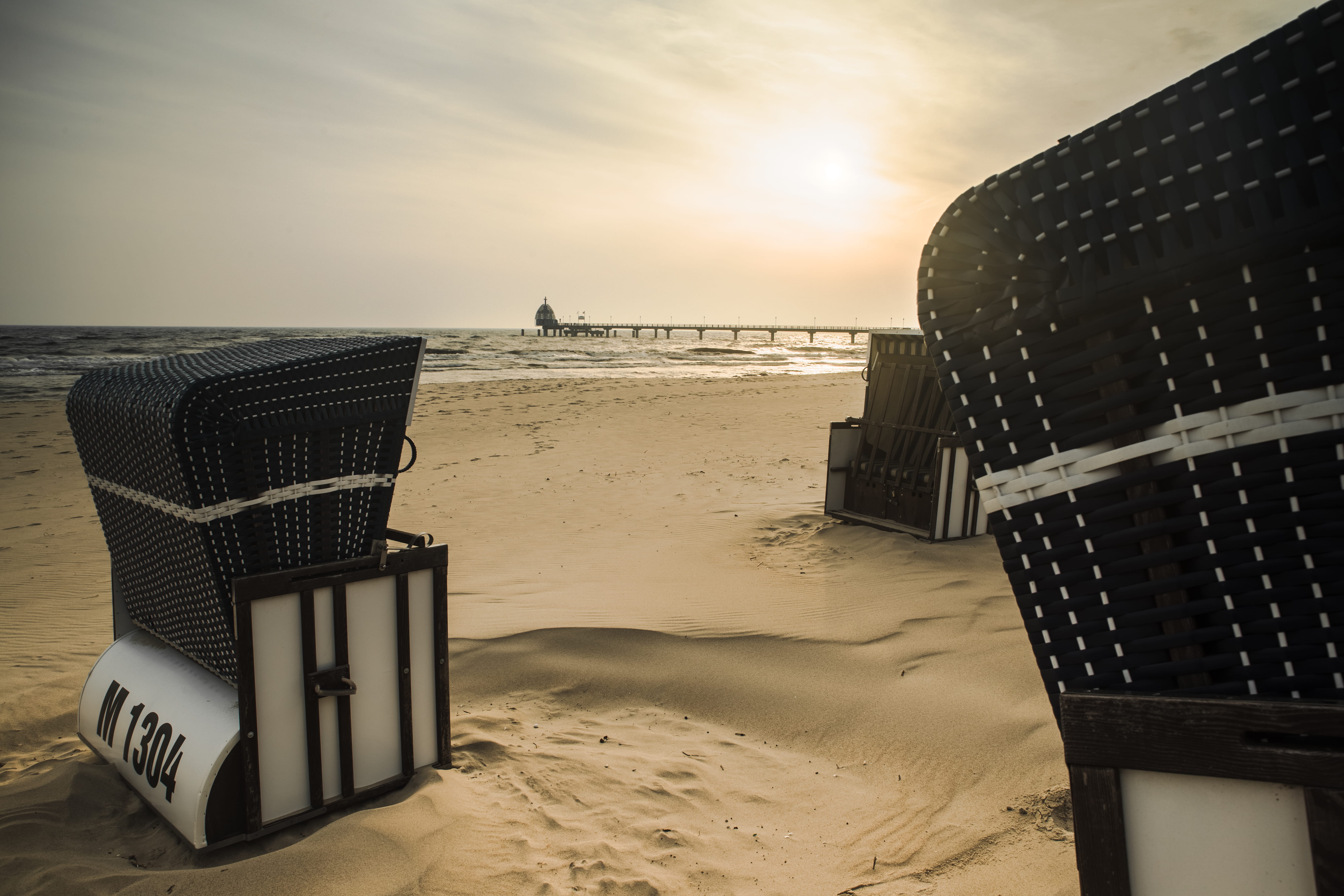 tranquility, sunset, sea, usedom, no people, cloud - sky, beach, seat, horizon over water, sand, water, outdoors, scenics - nature, chair, germany, strand, HD Wallpaper