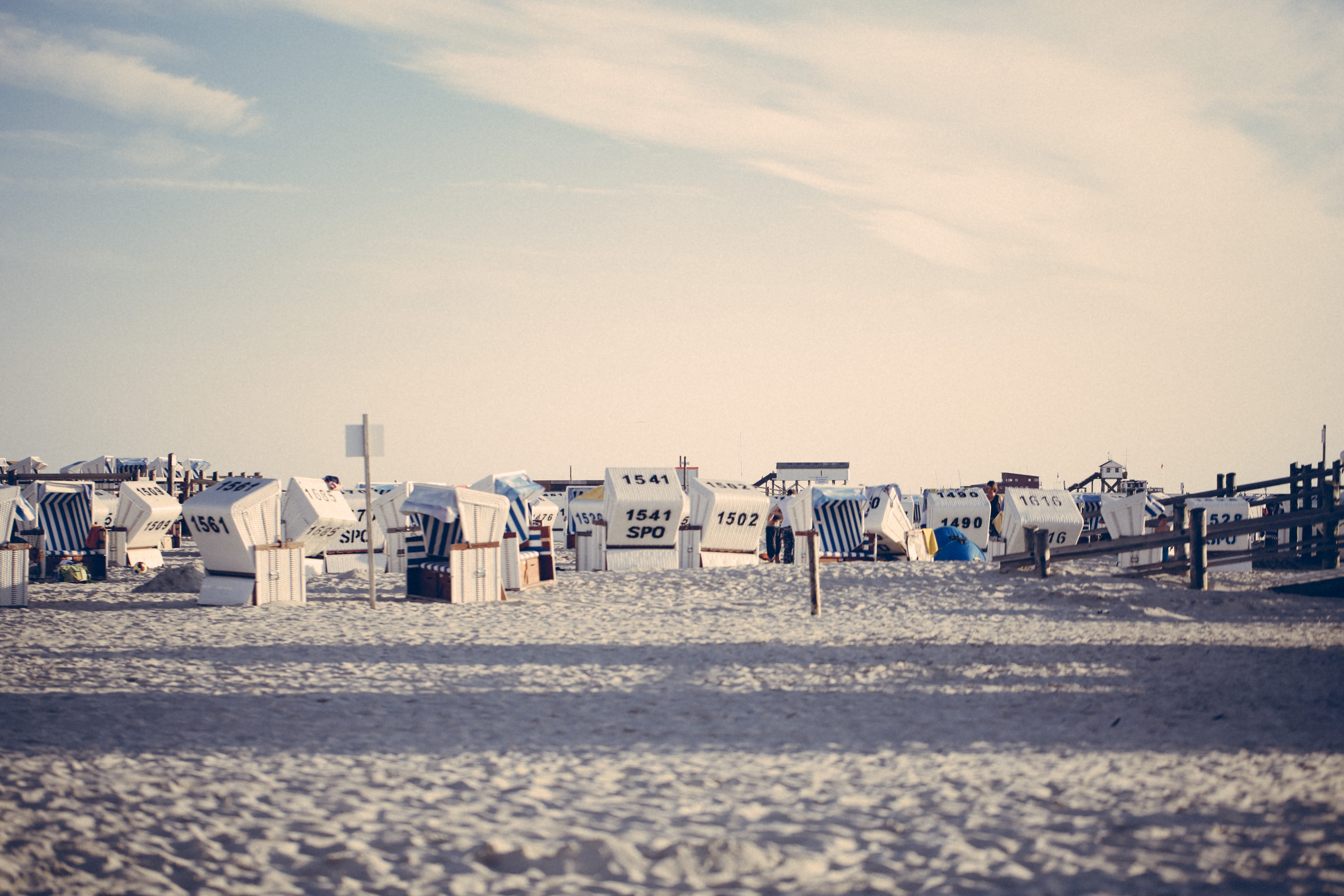 city, sea, cloud - sky, no people, water, sky, surface level, day, building exterior, built structure, sand, hooded beach chair, 5K, land, building, sankt peter-ording, HD Wallpaper