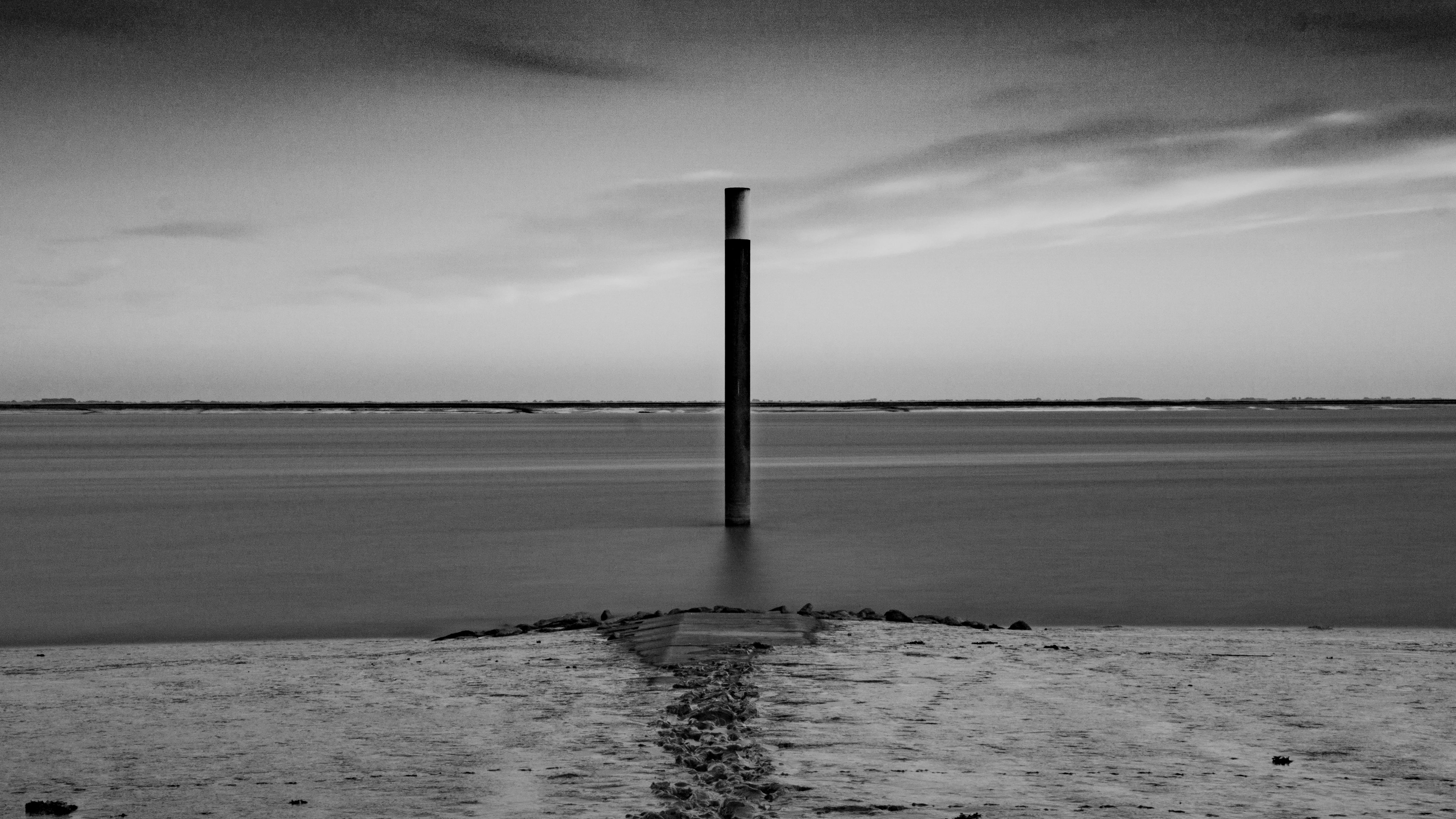 low tide, cloud - sky, horizon over water, water, ocean, concrete, outdoors, north sea, sand, non-urban scene, river, sky, horizon, day, beach, wooden post, HD Wallpaper