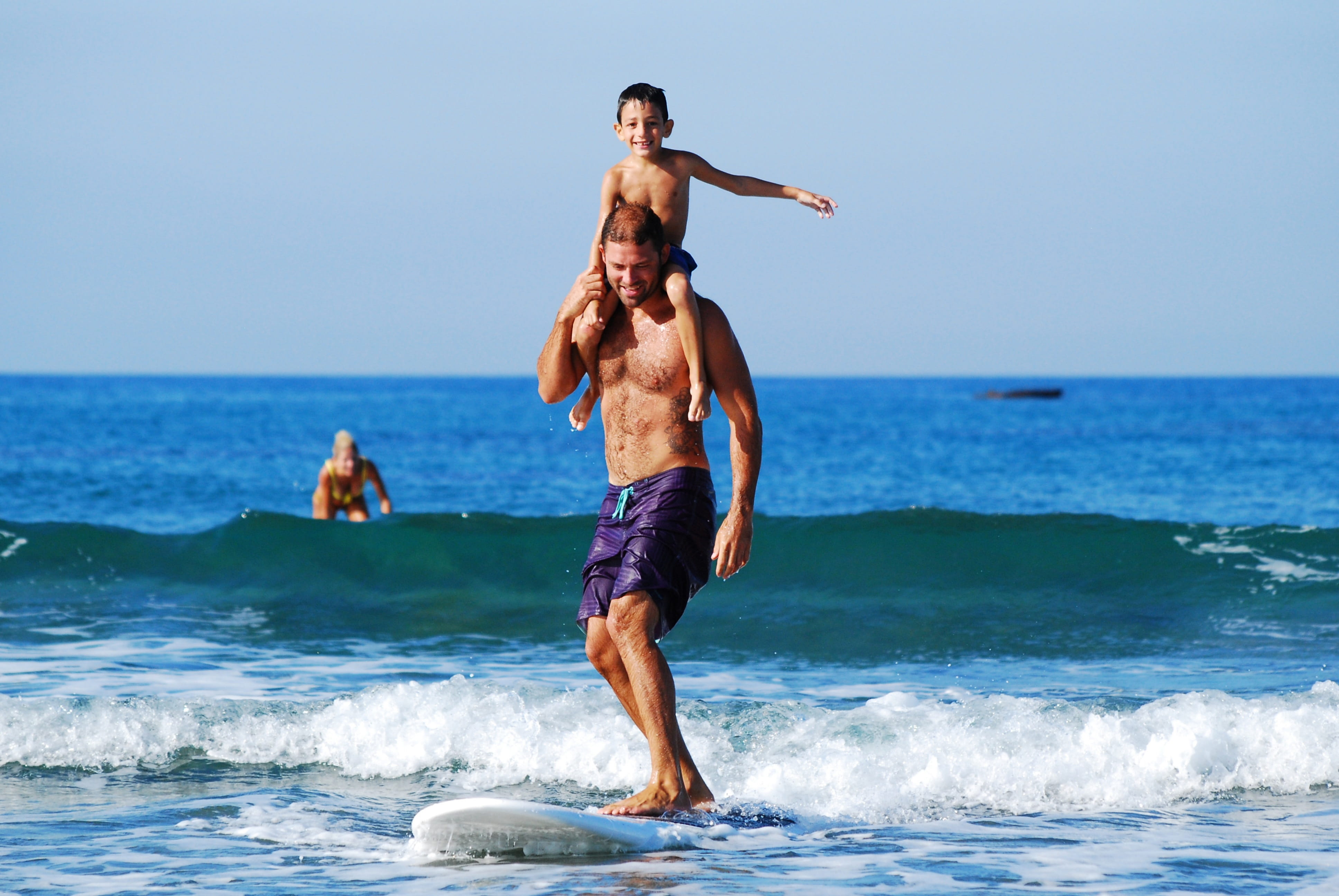 caucasian Ethnicity, males, white, trip, excitement, carrying, son, sky, wave, holiday, water, sport, beach, leisure activity, motion, two people, fun, HD Wallpaper