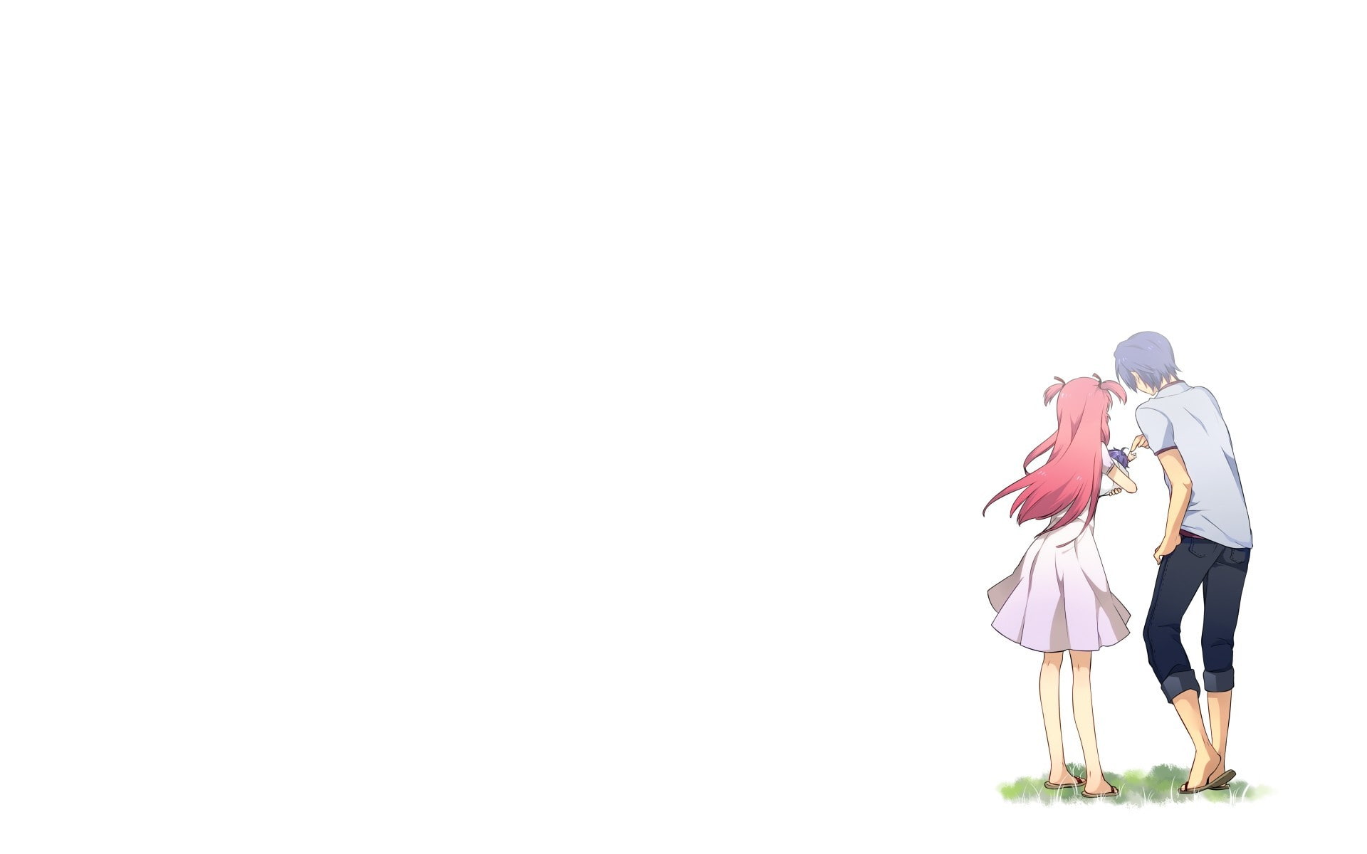 couple - relationship, nature, anime girls, Hinata Hideki, two people, bonding, full length, simple background, anime boys, Yui (Angel Beats!), women, rear view, HD Wallpaper