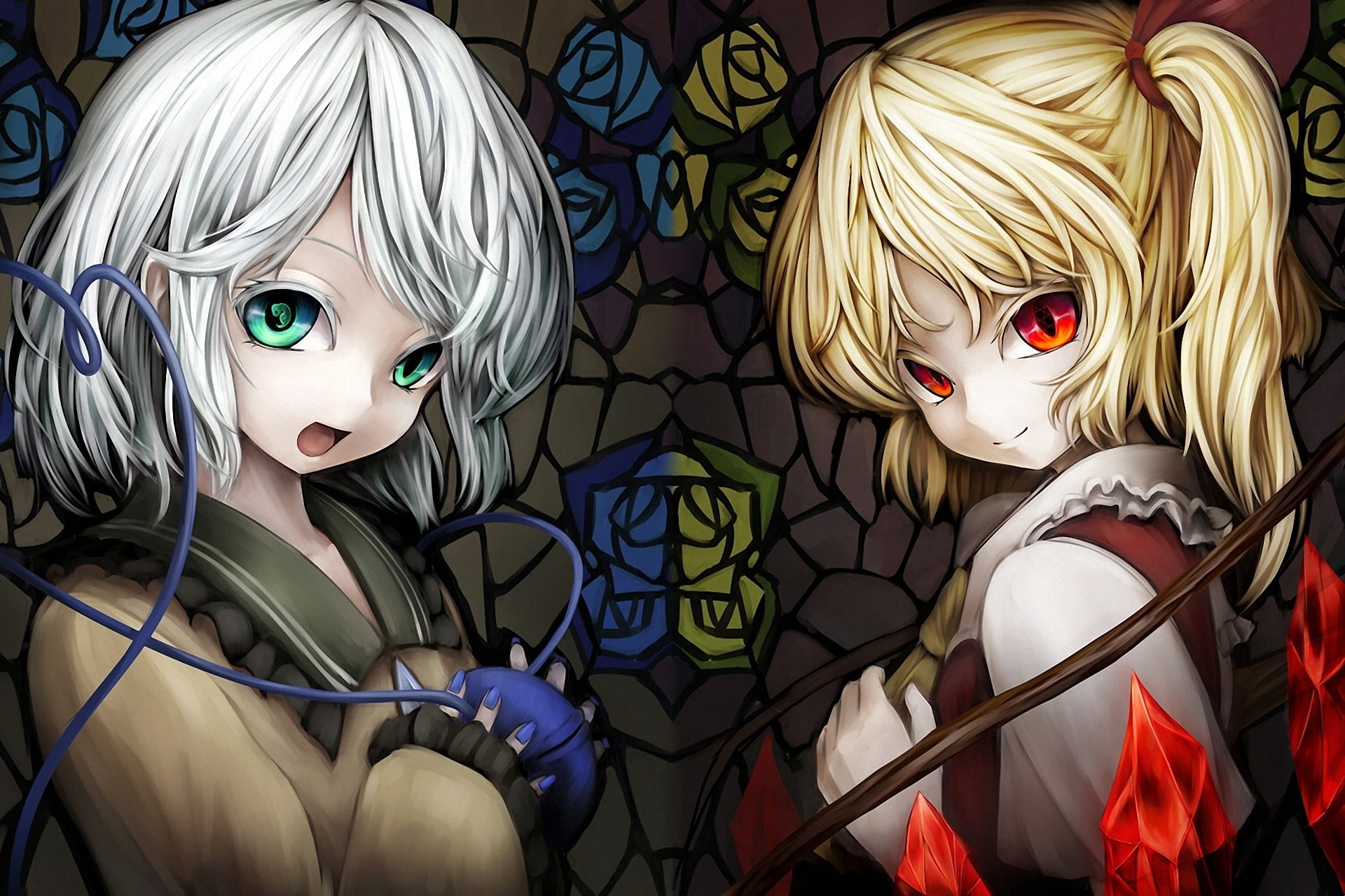 retail display, human representation, Komeiji Koishi, representation, close-up, mask, no people, 1080P, illustrations, brown, Touhou, Flandre Scarlet, HD Wallpaper