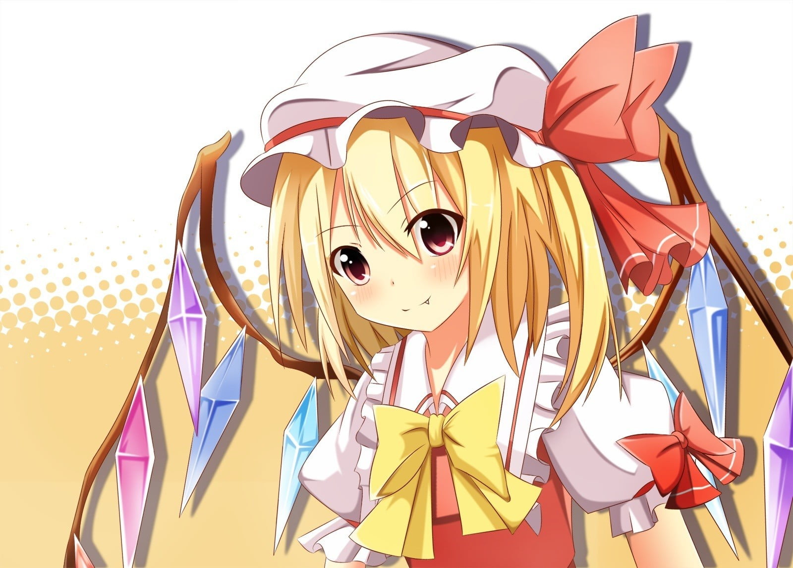 multi colored, studio shot, no people, indoors, close-up, still life, craft, anime girls, creativity, toy, white background, yellow, Flandre Scarlet, disguise, HD Wallpaper