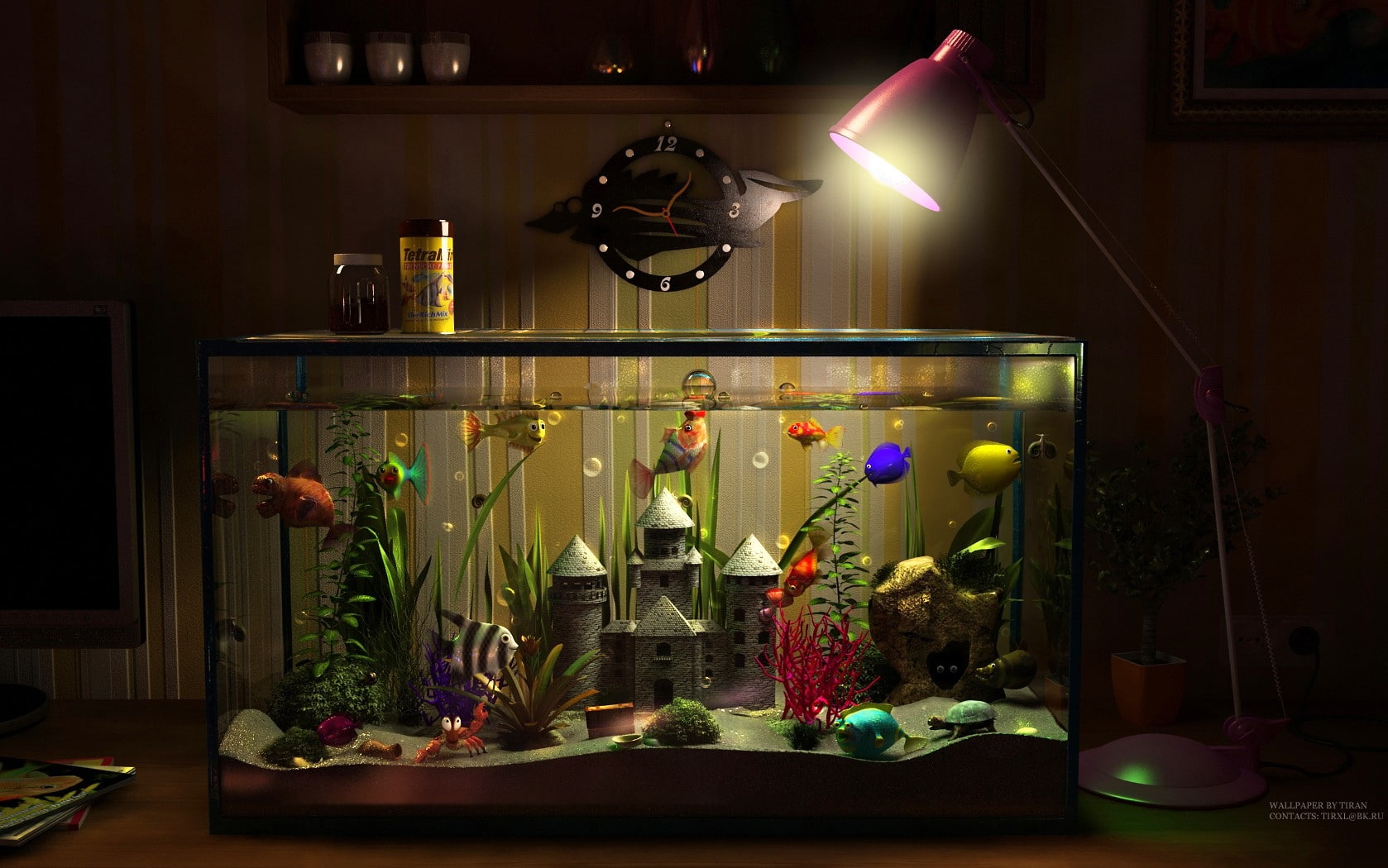tank, fish tank, digital art, 720P, art, FISH, lamps, digital, hd, clocks, animals, HD Wallpaper