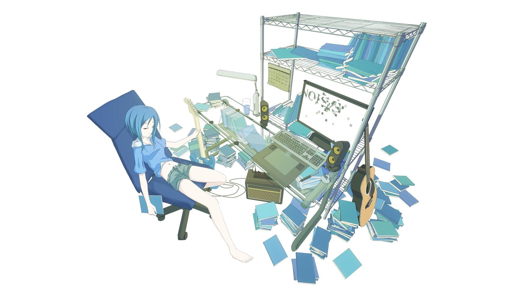 eyes, 720P, speakers, chairs, instruments, keyboards, guitars, computers, lamps, background, books, original, women, white, short, tablets, blue, hoodies, HD Wallpaper