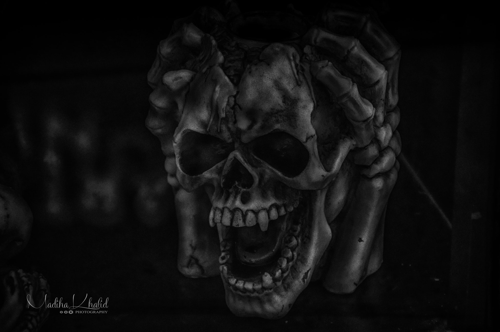 monochrome, Madiha Khalid, 500px, 1080P, skull, dark, HD Wallpaper