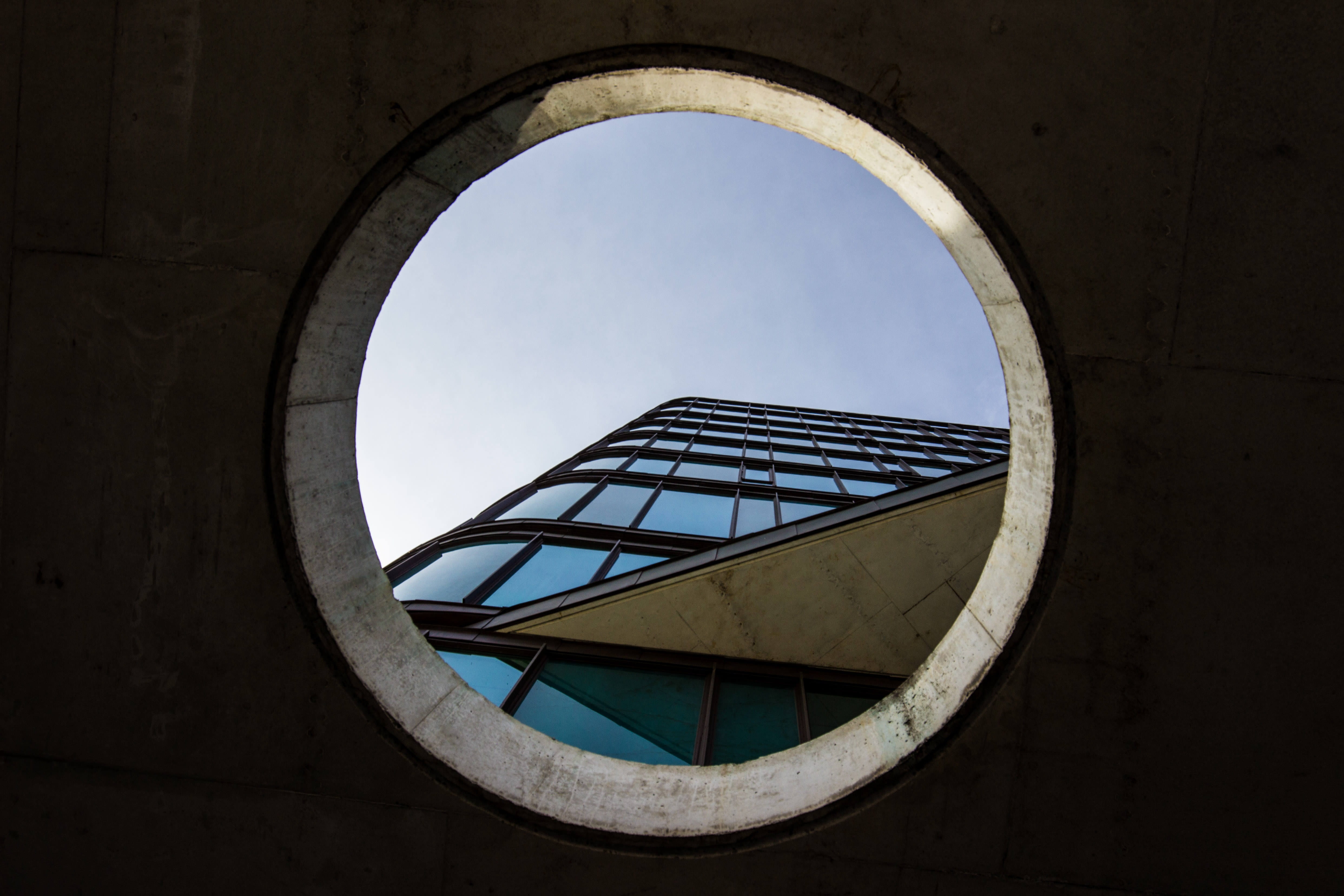 low angle shot, low angle view, day, glass - material, design, shape, outdoors, sky, blue, high-rise, 4K, perspective, built structure, clear sky, glass, HD Wallpaper