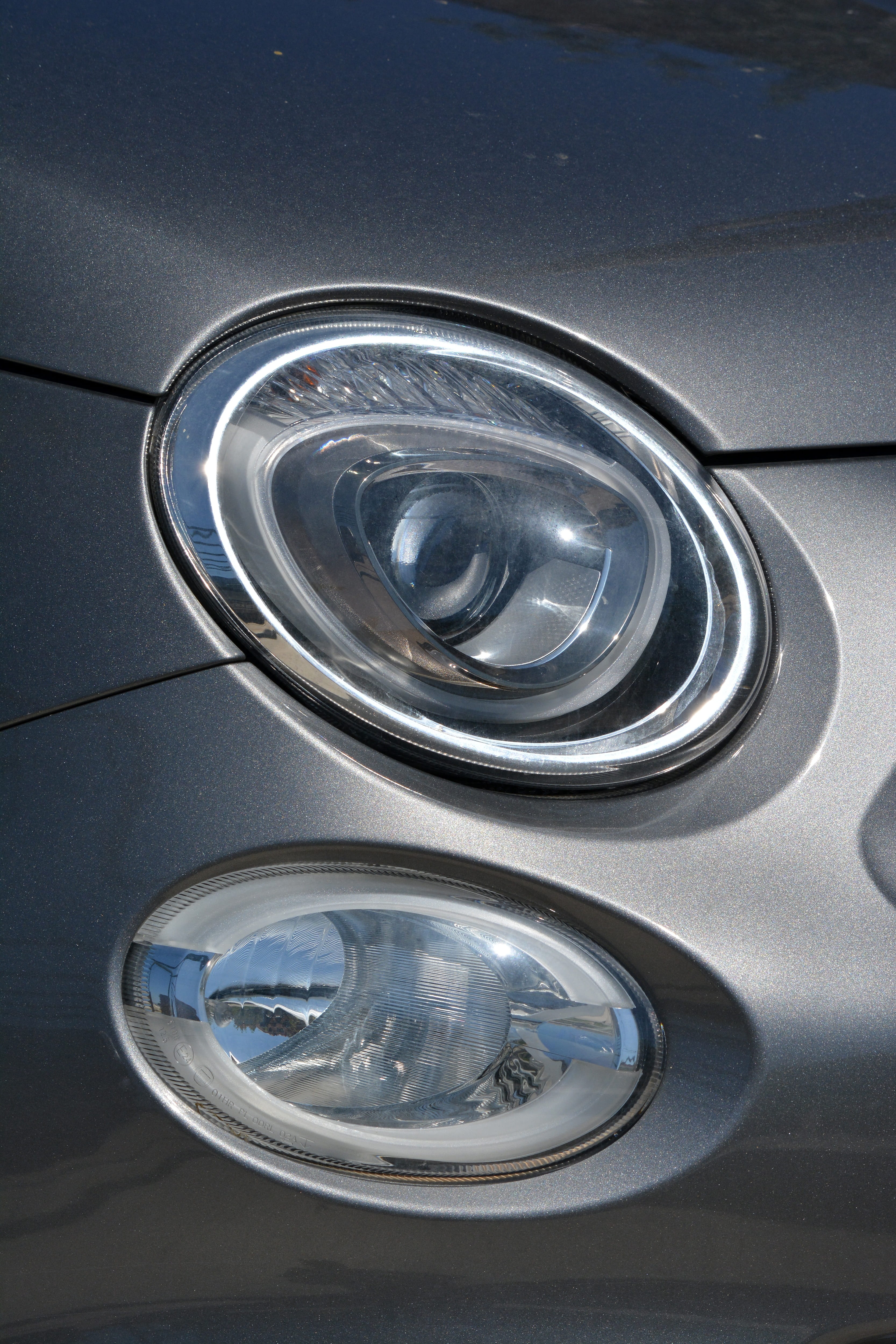 car headlights, car, drink, silver colored, front, fiat 500, indoors, high angle view, crockery, 4K, lights, metal, still life, glass, household equipment, Phone HD Wallpaper