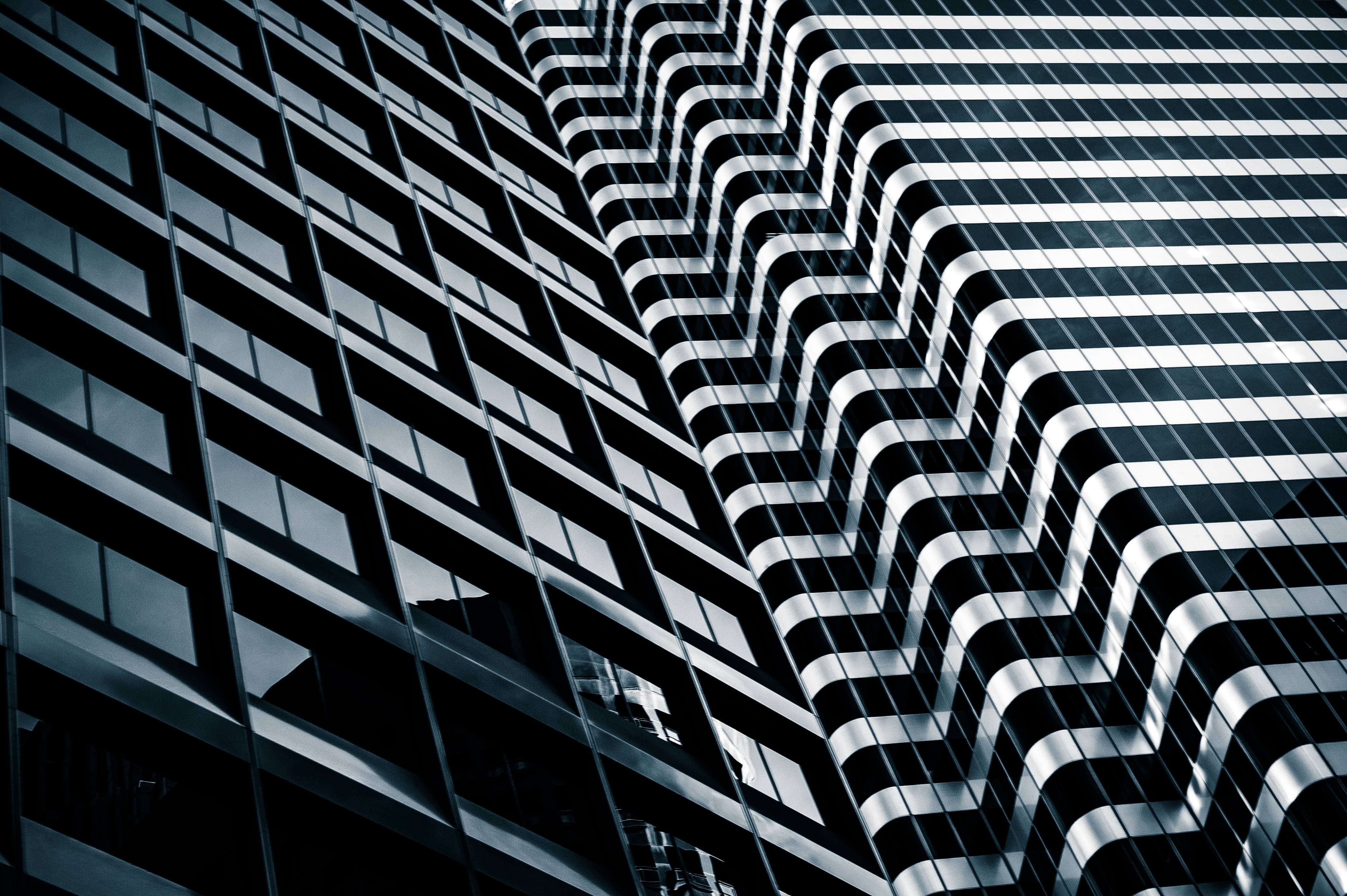 tall - high, backgrounds, outdoors, place, architecture, office, black, modern, no people, 4K, apartment, white, repetition, building exterior, rug, building, HD Wallpaper