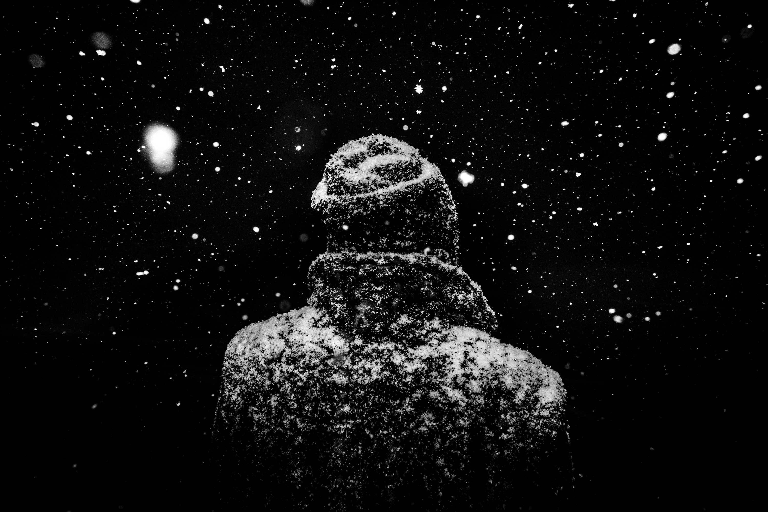 night, star - space, black background, one person, monochrome, creativity, space, snowing, real people, coats, snow, cold temperature, winter, galaxy, black, HD Wallpaper