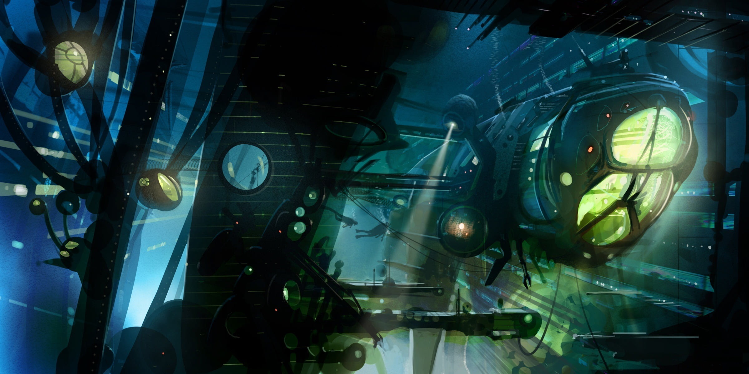 machinery, floodlight, underwater, transparent, complexity, divers, lighting equipment, spaceship, indoors, night, warship, metal, technology, mode of transportation, HD Wallpaper