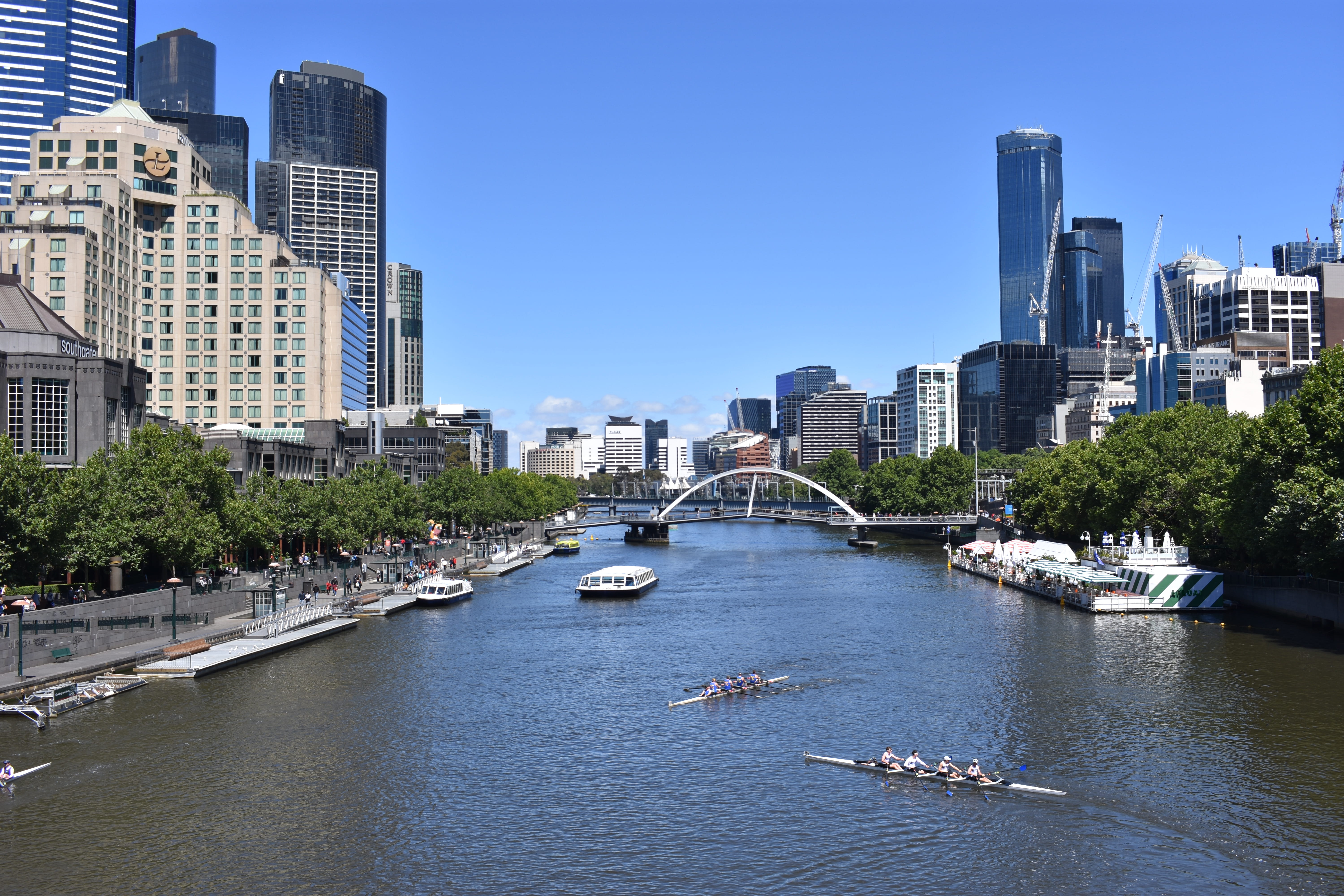 skyscraper, tree, travel destinations, day, yacht, melbourne, outdoors, city, mode of transportation, buildings, nautical vessel, passenger craft, cityscape, HD Wallpaper