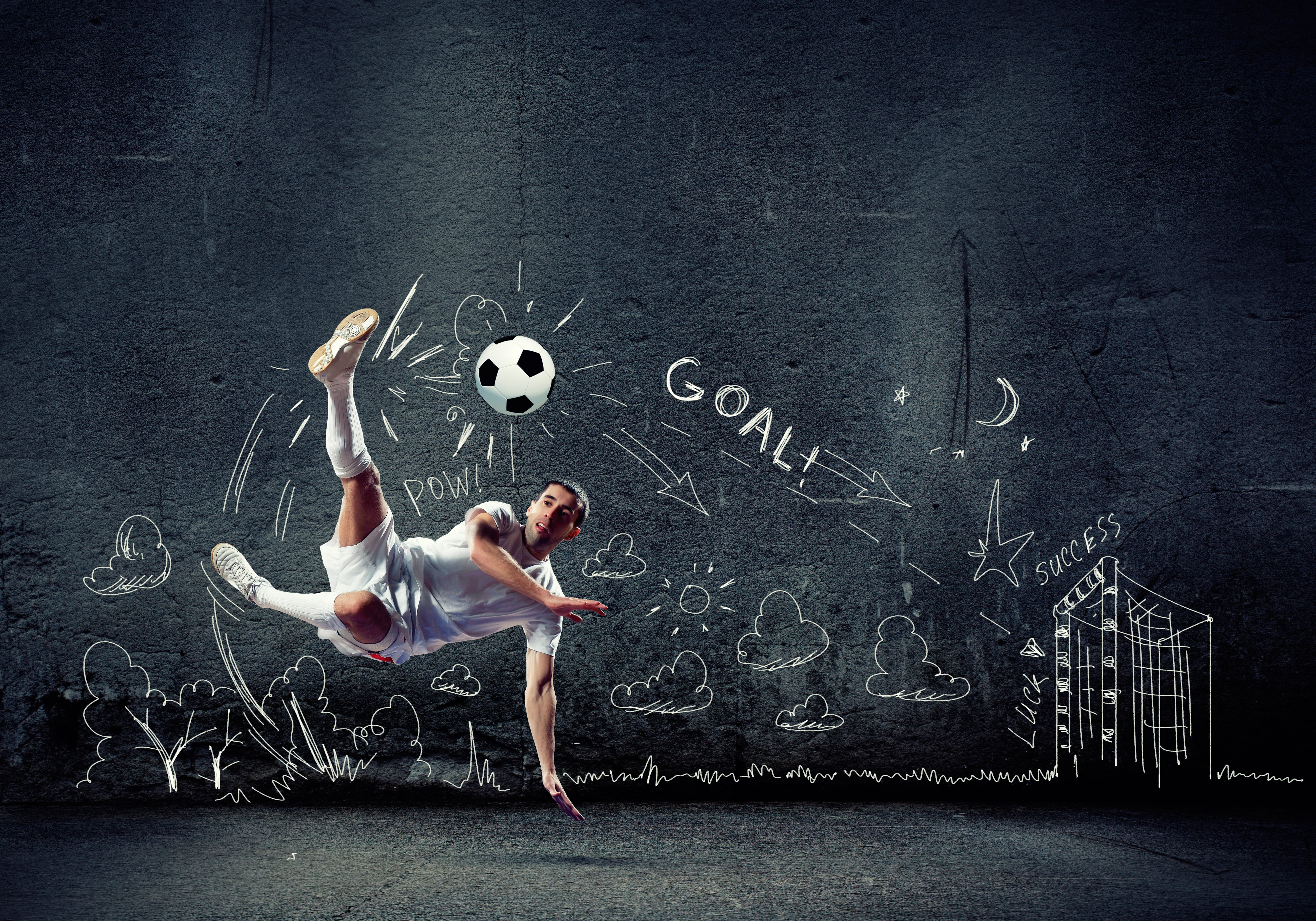 uniform, the ball, creative, goal, blow, t-shirt, sneakers, knee, wall, athlete, football, in white, player, the game, jump, shorts, background, male, 4K, HD Wallpaper