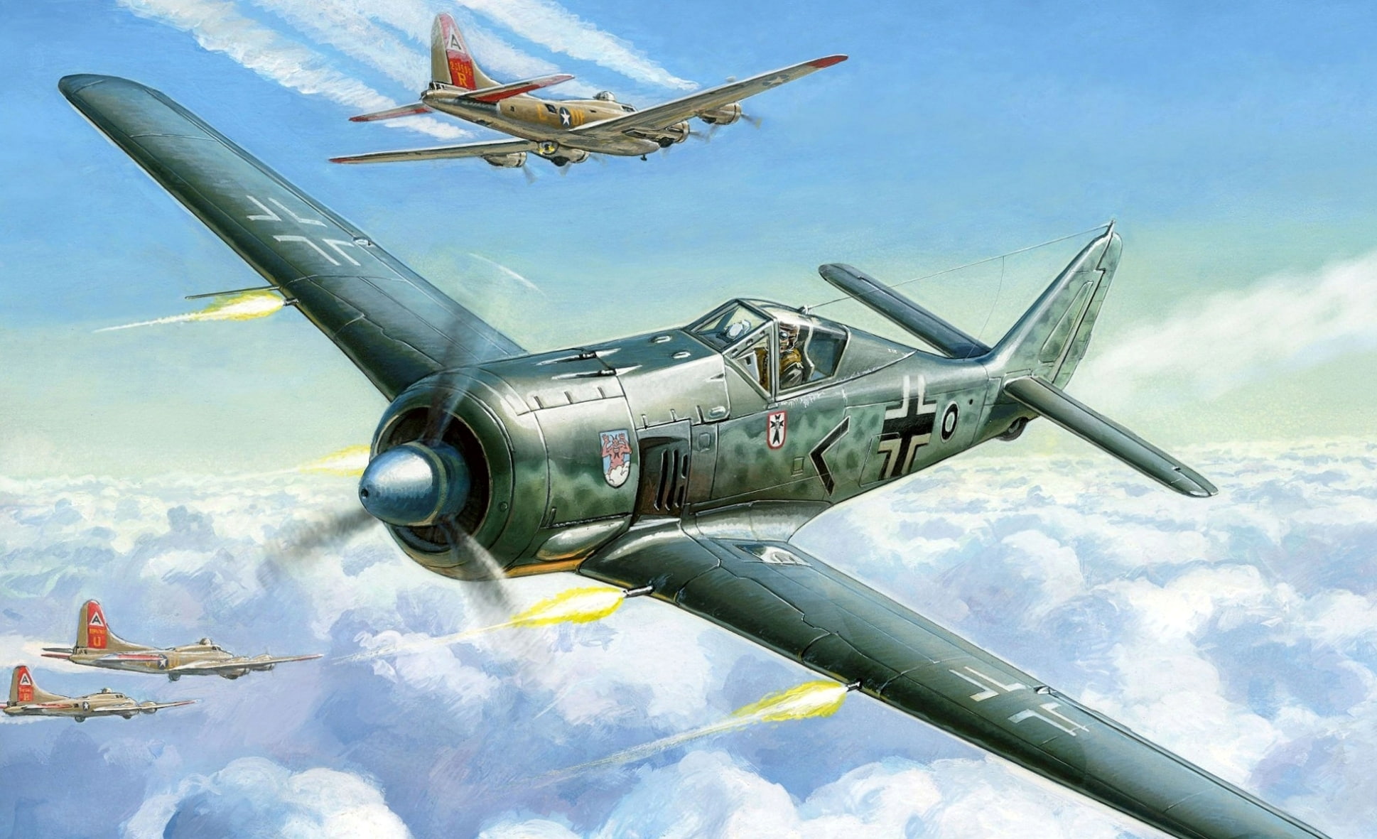 aircraft, Focke-Wulf, 1080P, bombers, art, German, Boeing B-17, figure, WW2, the sky, fighter, four-engine, andquot;Flying fortressandquot;, American, HD Wallpaper