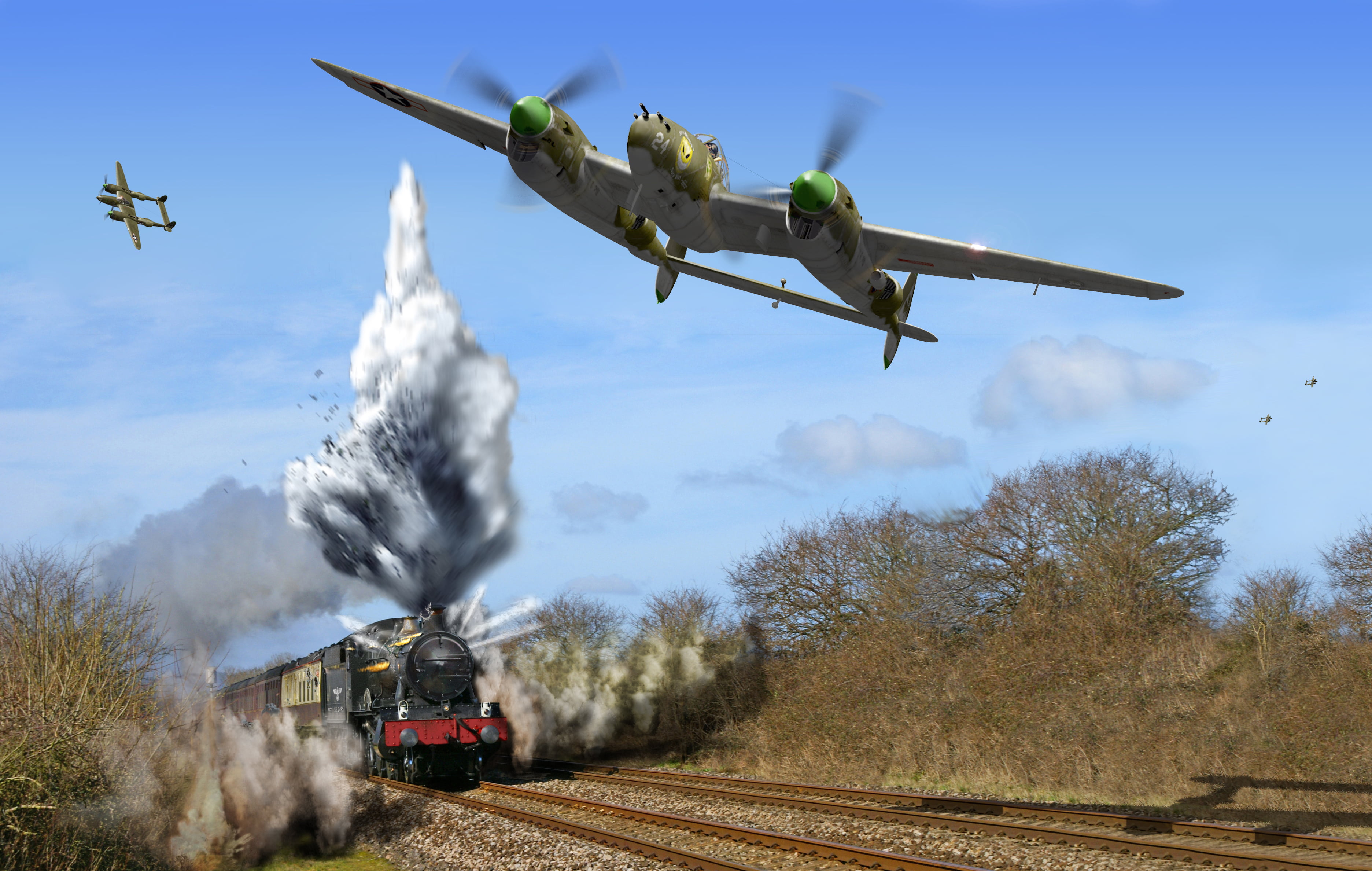 plane, allpaperw, game, " Lightning", the bombing, transportation, figure, cloud - sky, nature, rail transportation, art, on the move, black, heavy, 2K, HD Wallpaper