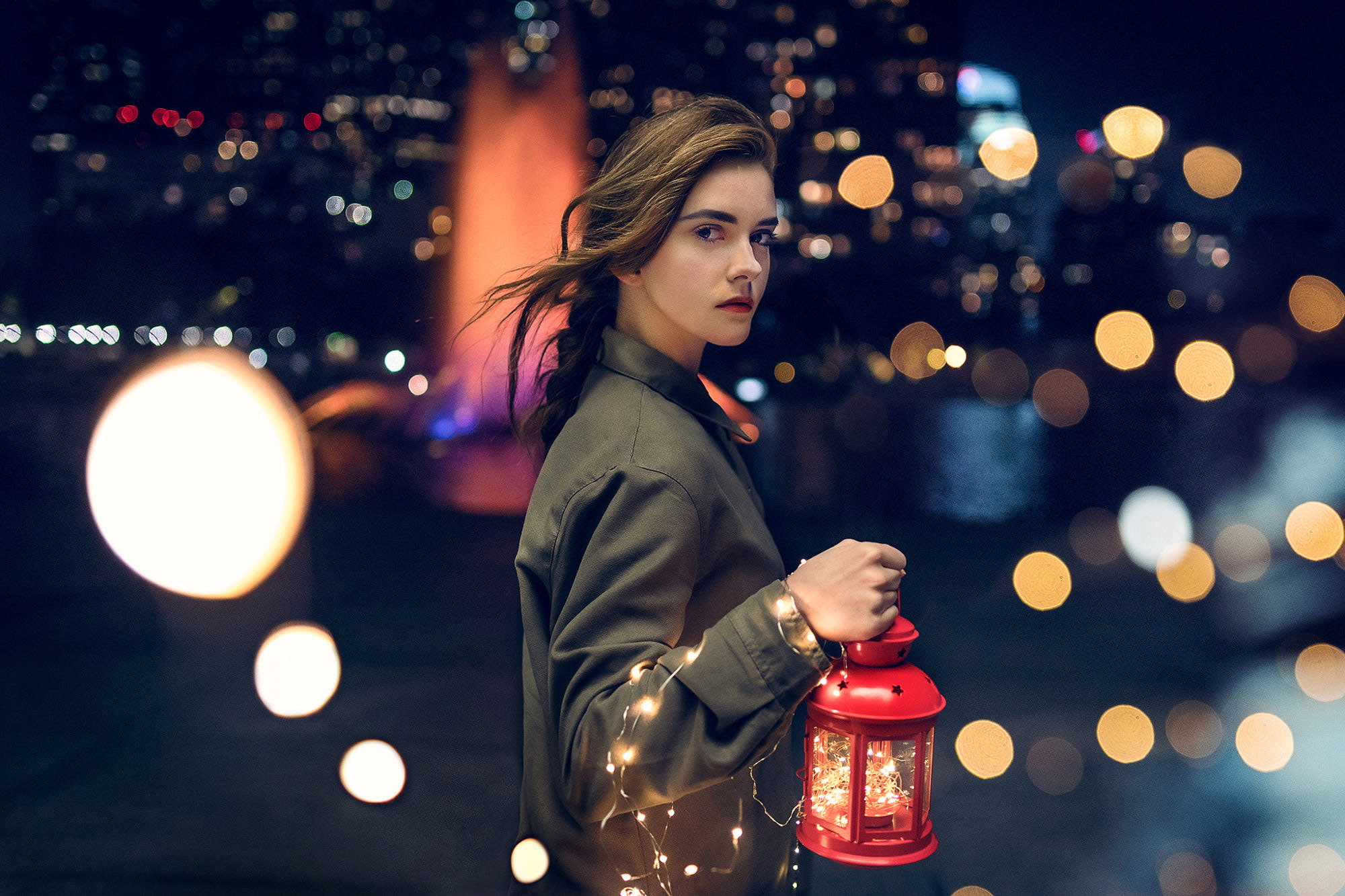 face, portrait, beautiful woman, brunette, 1080P, lights, city life, night, architecture, shirt, beauty, lighting equipment, young adult, city lights, HD Wallpaper