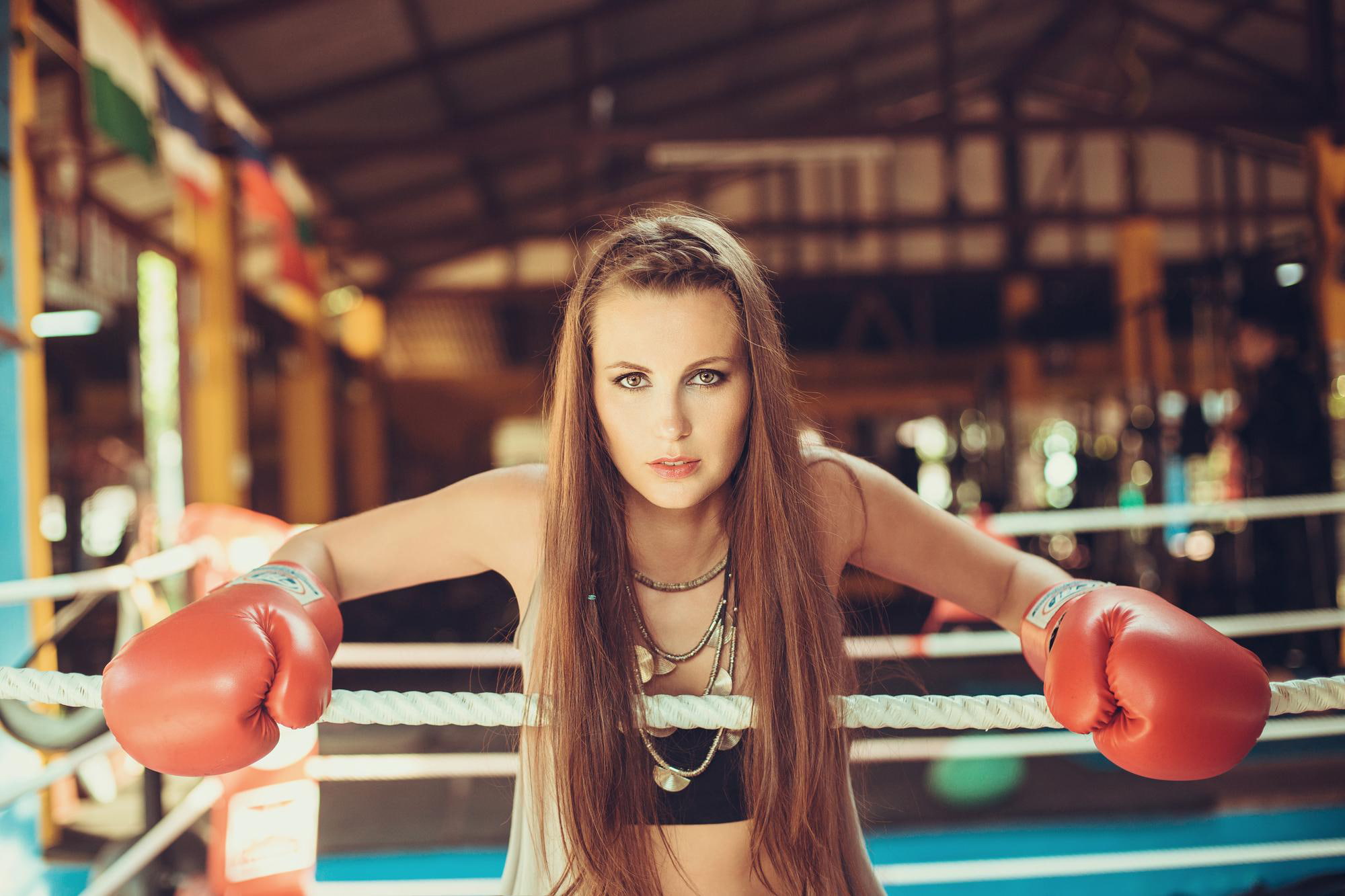 girl, Boxing, the ring, 1080P, look, gloves, HD Wallpaper