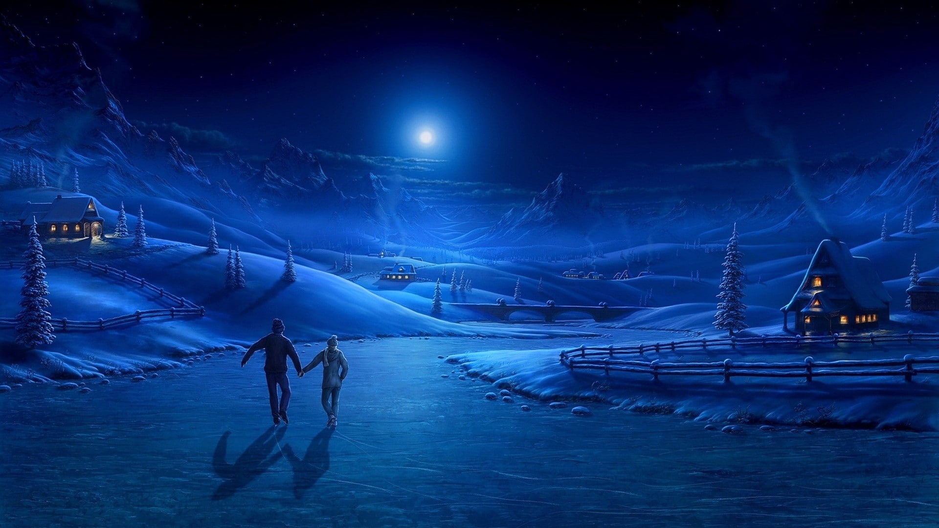 mountains, frozen river, night, 1080P, moonlight, trees, people, bridge, Moon, winter, ice, house, couple, snow, HD Wallpaper