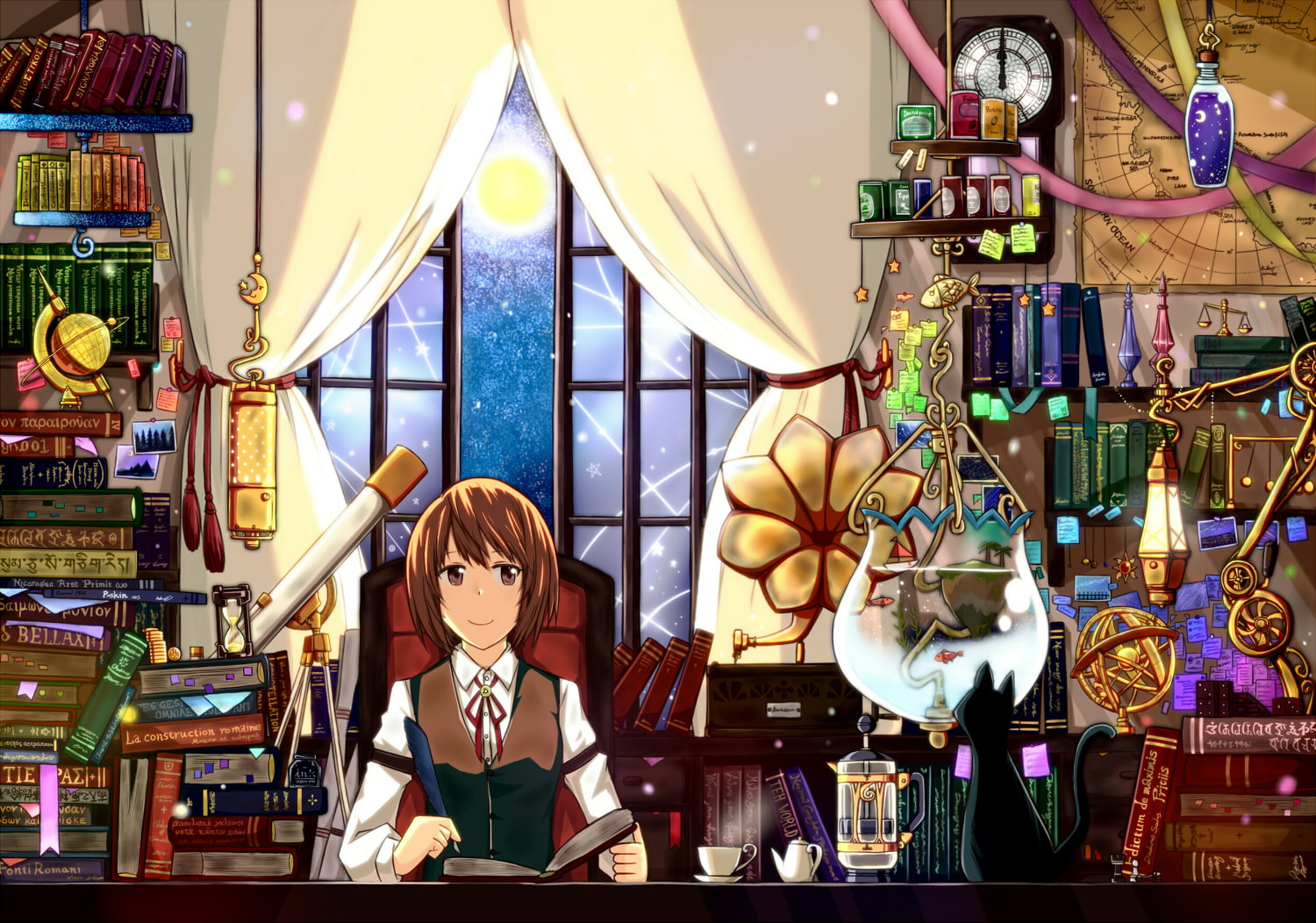 brown, hair, ido, animal, night, book, fish, pivix, drink, moon, eyes, original, cat, 720P, pixiv1101145, stars, HD Wallpaper