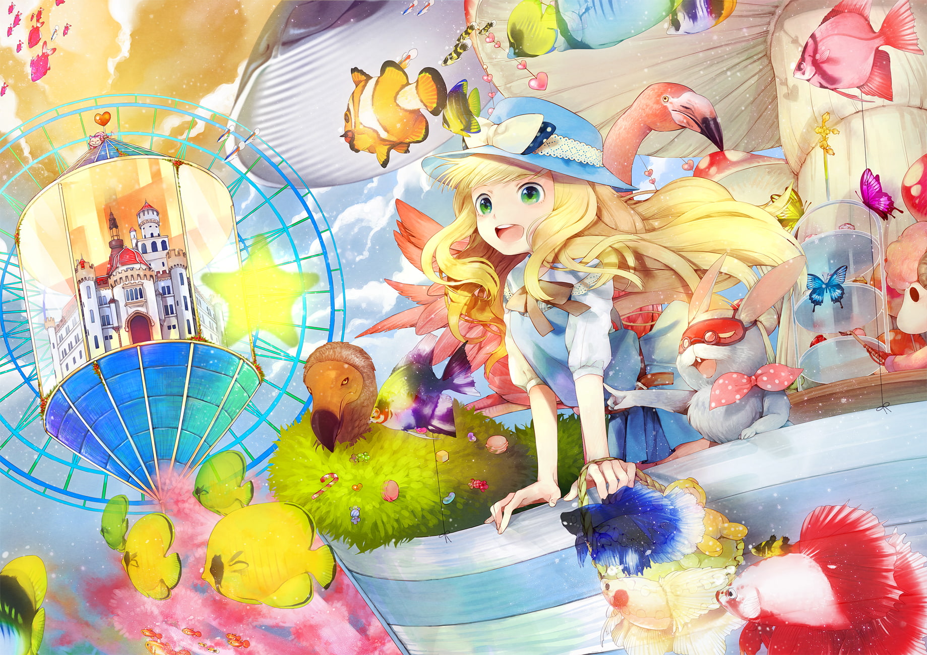 hair, animal, fish, bunny, clouds, hakusai, eyes, bird, food, green, cheshire, bow, blonde, long, butterfly, glasses, cherry, hat, blossoms, cat, stars, HD Wallpaper