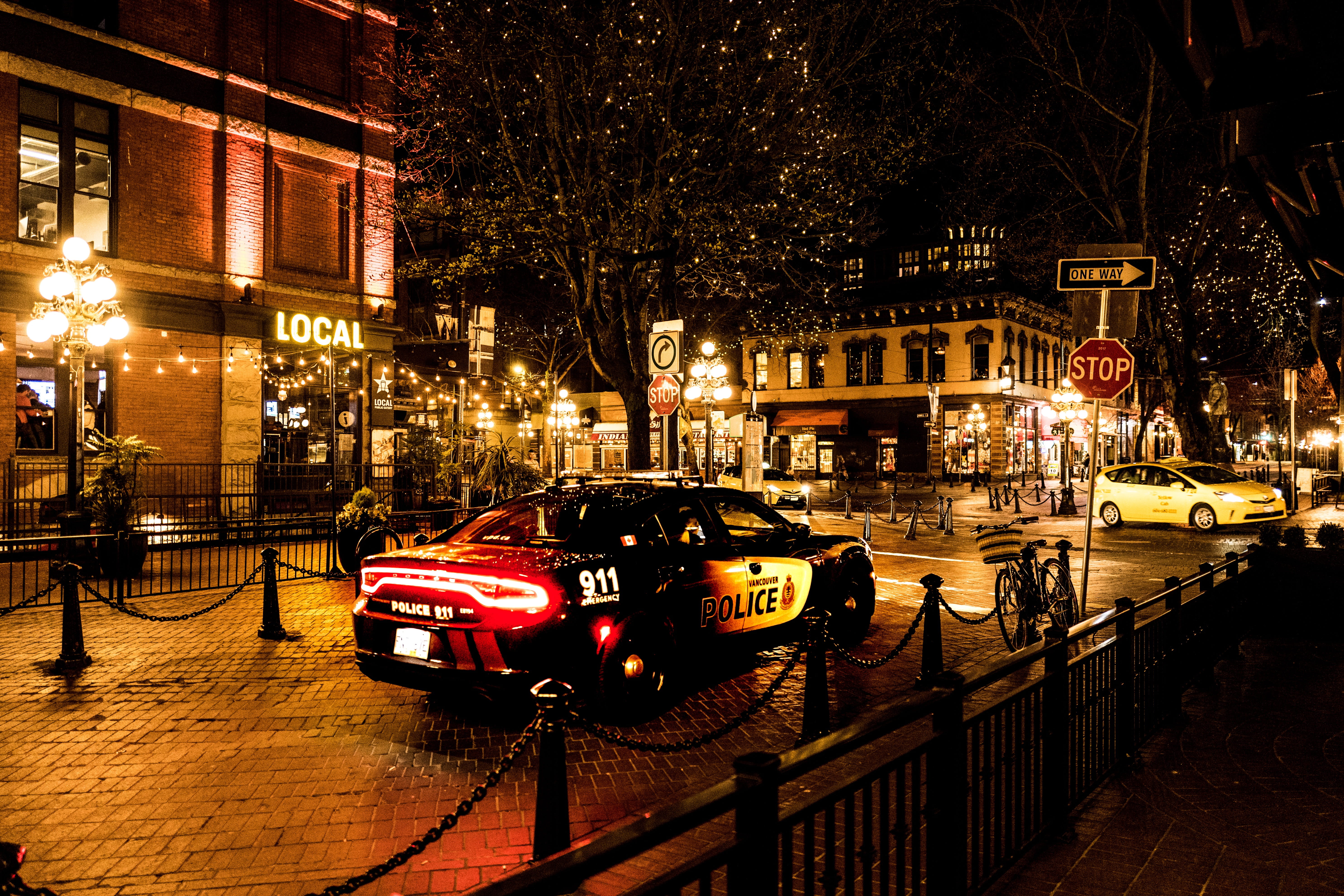 time, lights, architecture, cars, police, street, city, building exterior, buildings, tree, photography, built structure, street lights, fence, evening, HD Wallpaper