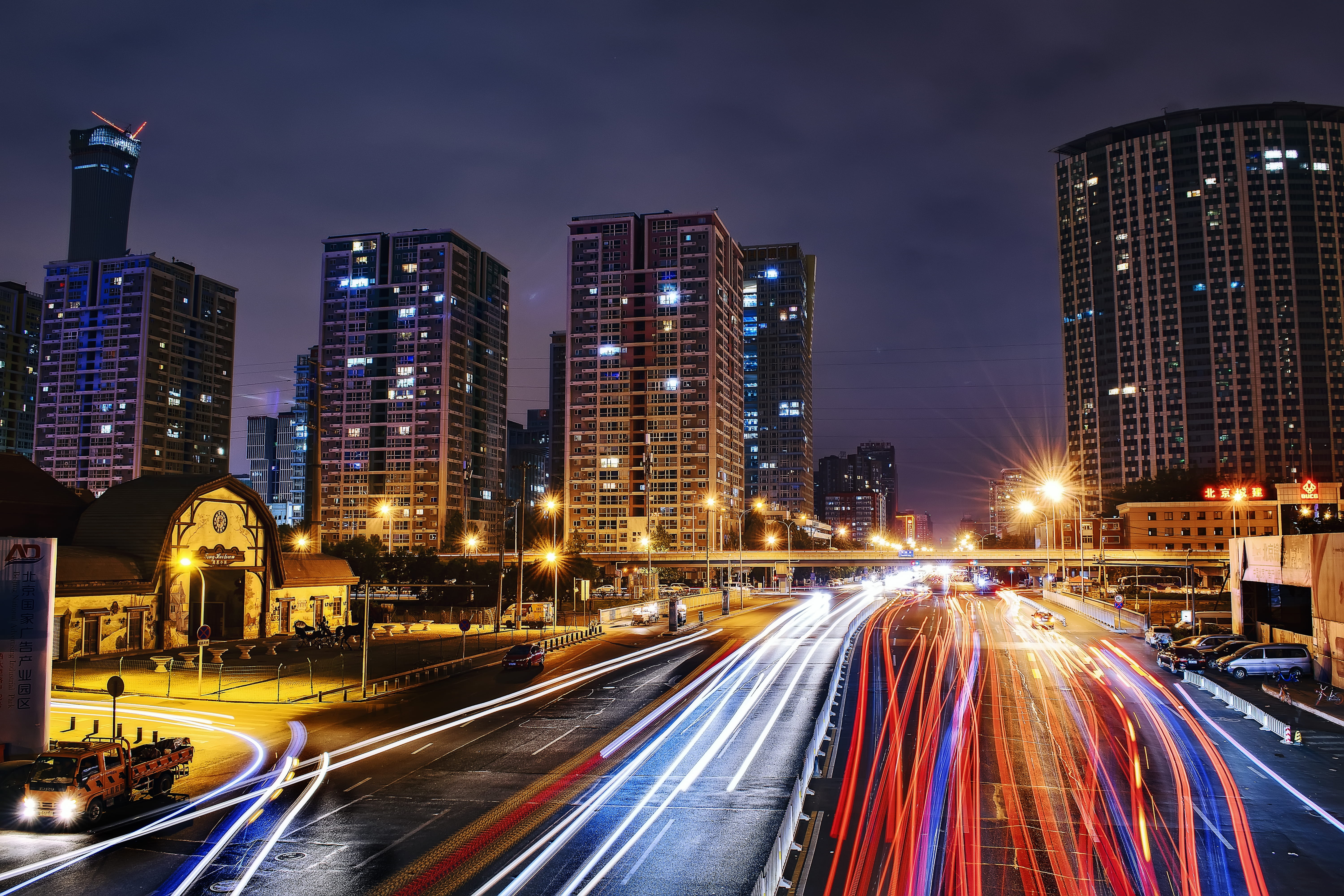 multiple lane highway, photography, street, city view, blurred motion, building exterior, building, skyscraper, long exposure, night time, office building exterior, HD Wallpaper
