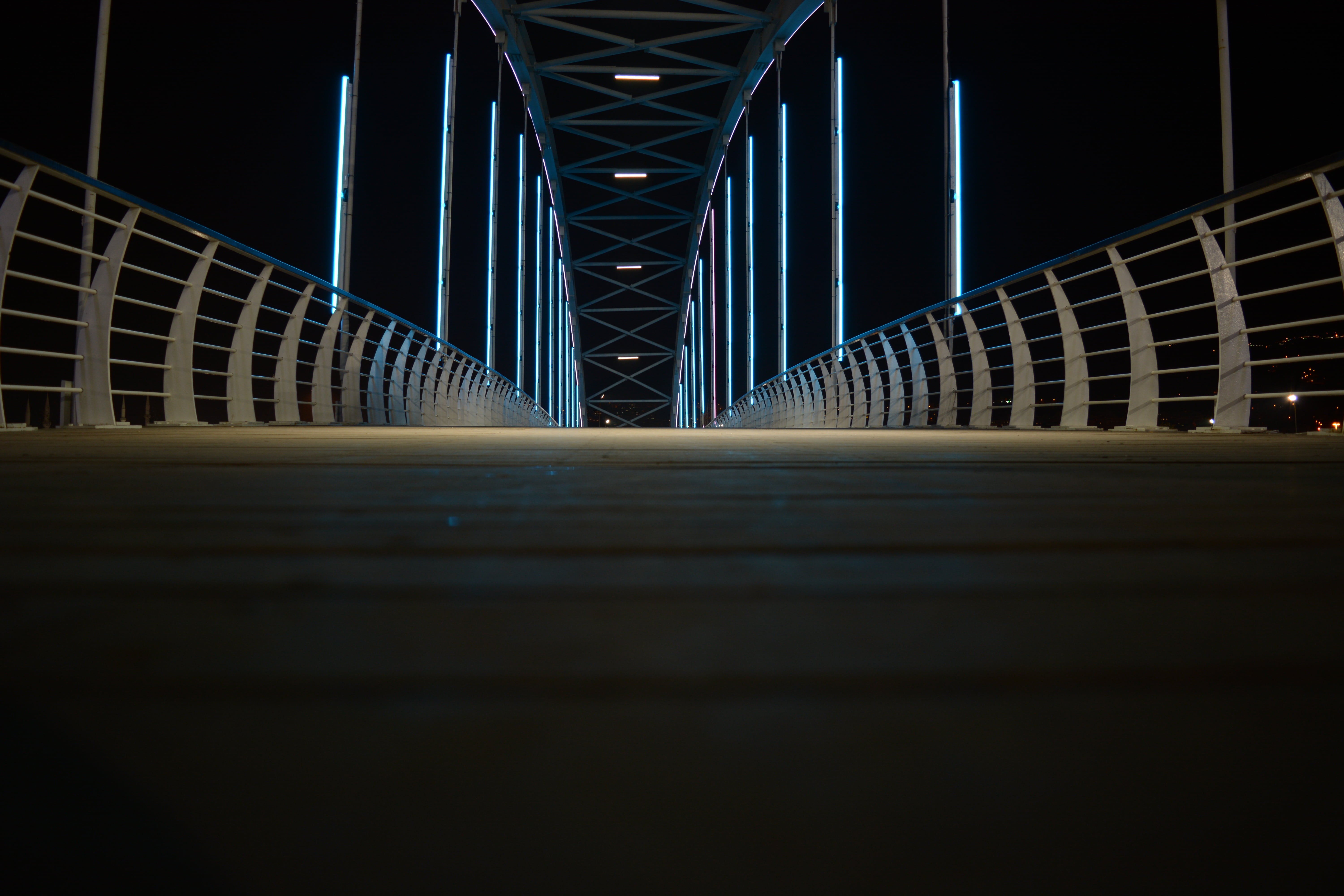 railings, railing, bridge - man made structure, built structure, connection, architecture, direction, bridge, illuminated, dark, construction, metal, city, HD Wallpaper