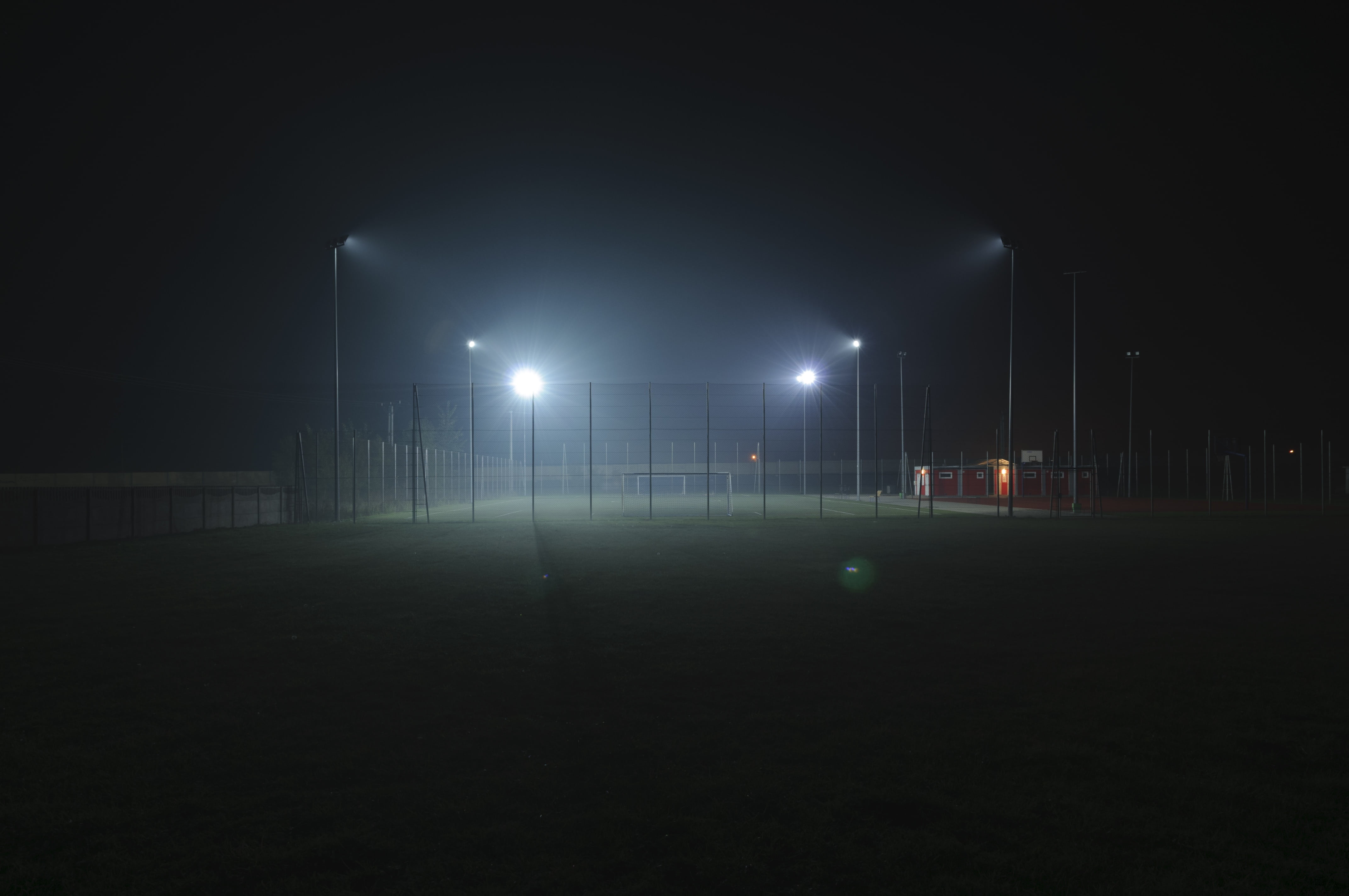 field, absence, ghetto, illuminated, dark, nature, lights, turned, no people, plant, 4K, soccer field, soccer, lighting equipment, sport, grass, floodlight, HD Wallpaper
