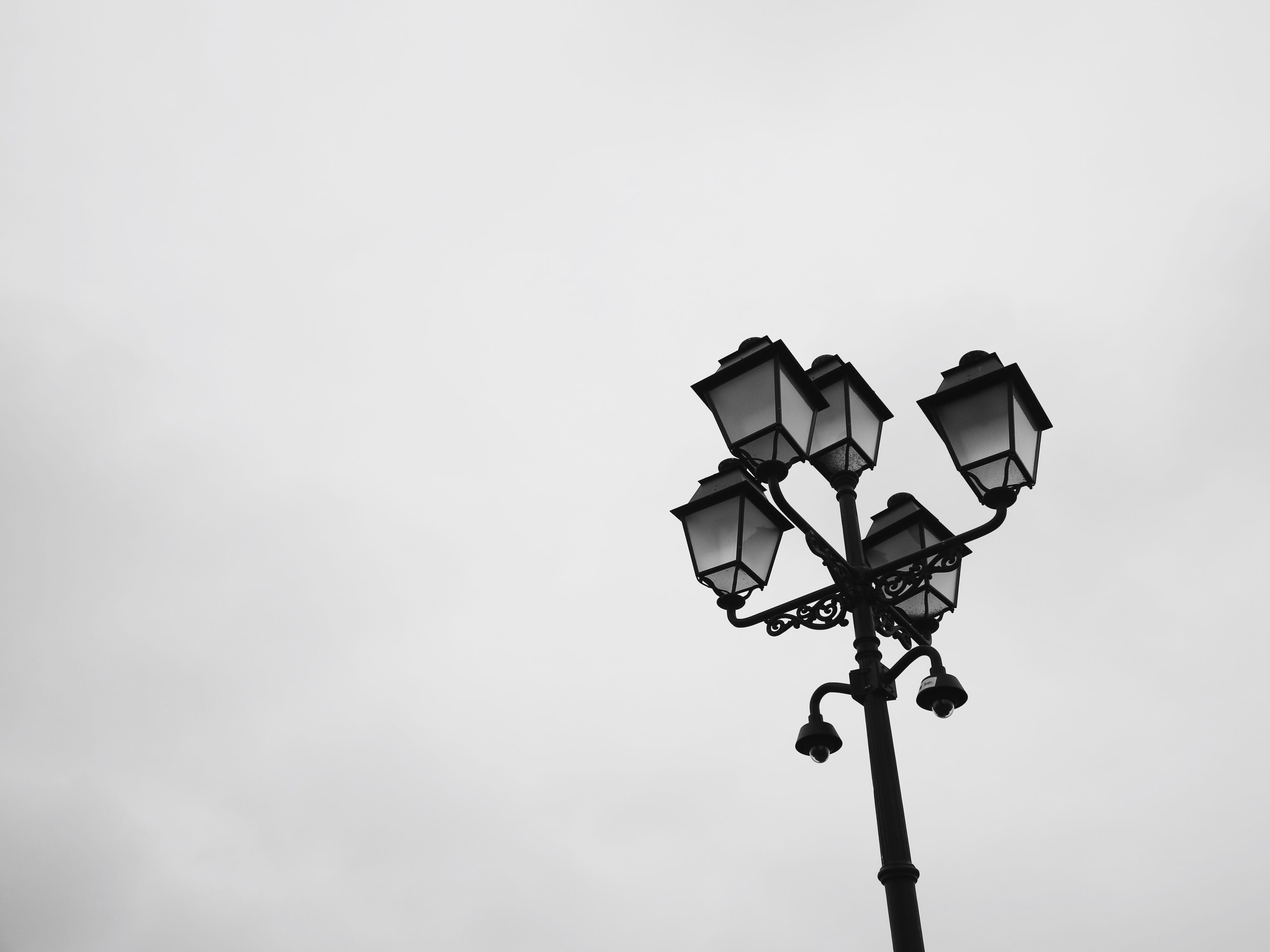 lighting equipment, sky, low angle view, light, photography, outdoor, day, black and white, clear sky, technology, grayscale, electric light, outdoors, HD Wallpaper