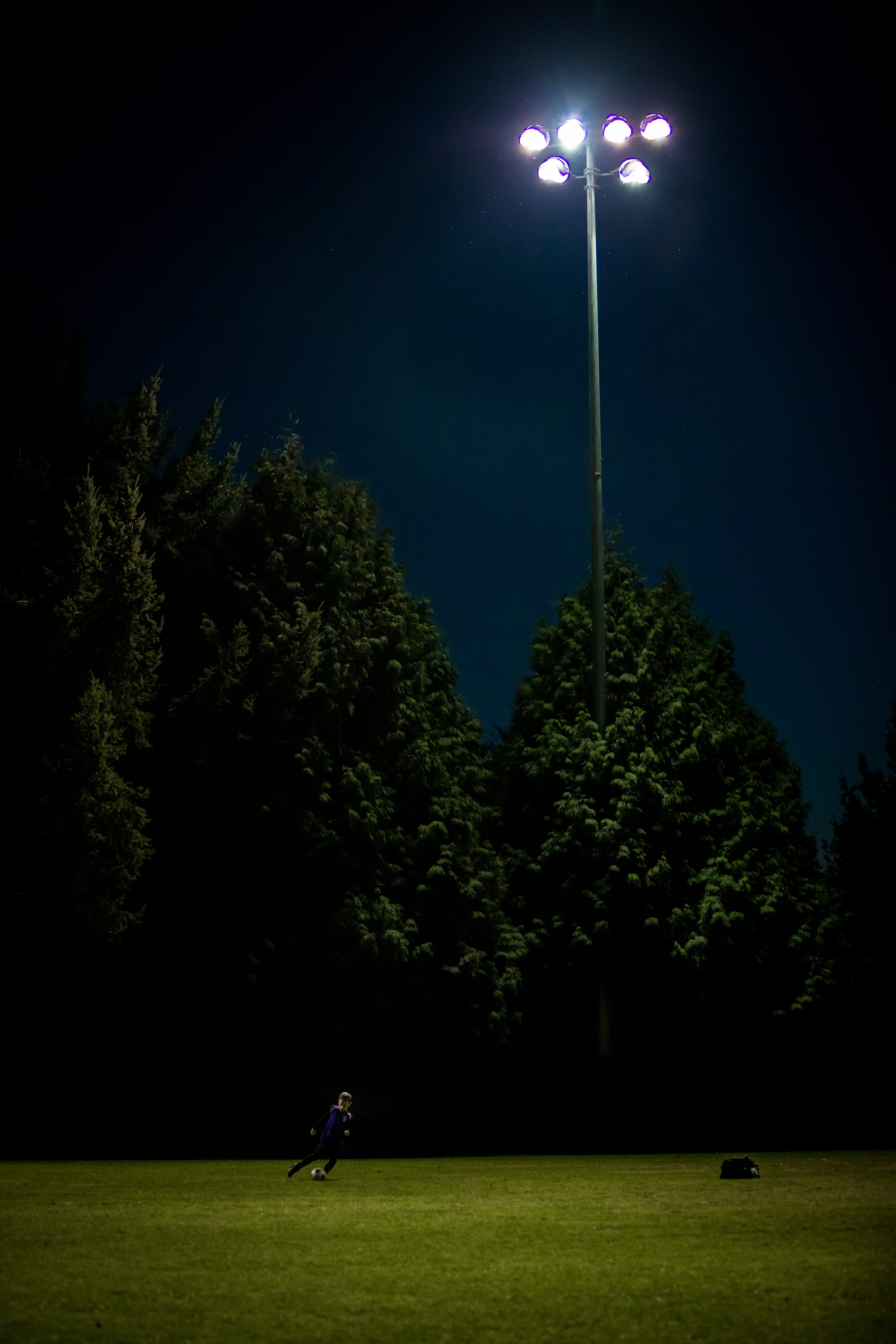 man, pitch, grass, floodlight, illuminated, plant, football, land, park, street light, field, sport, leisure activity, growth, outdoors, football pitch, Phone HD Wallpaper