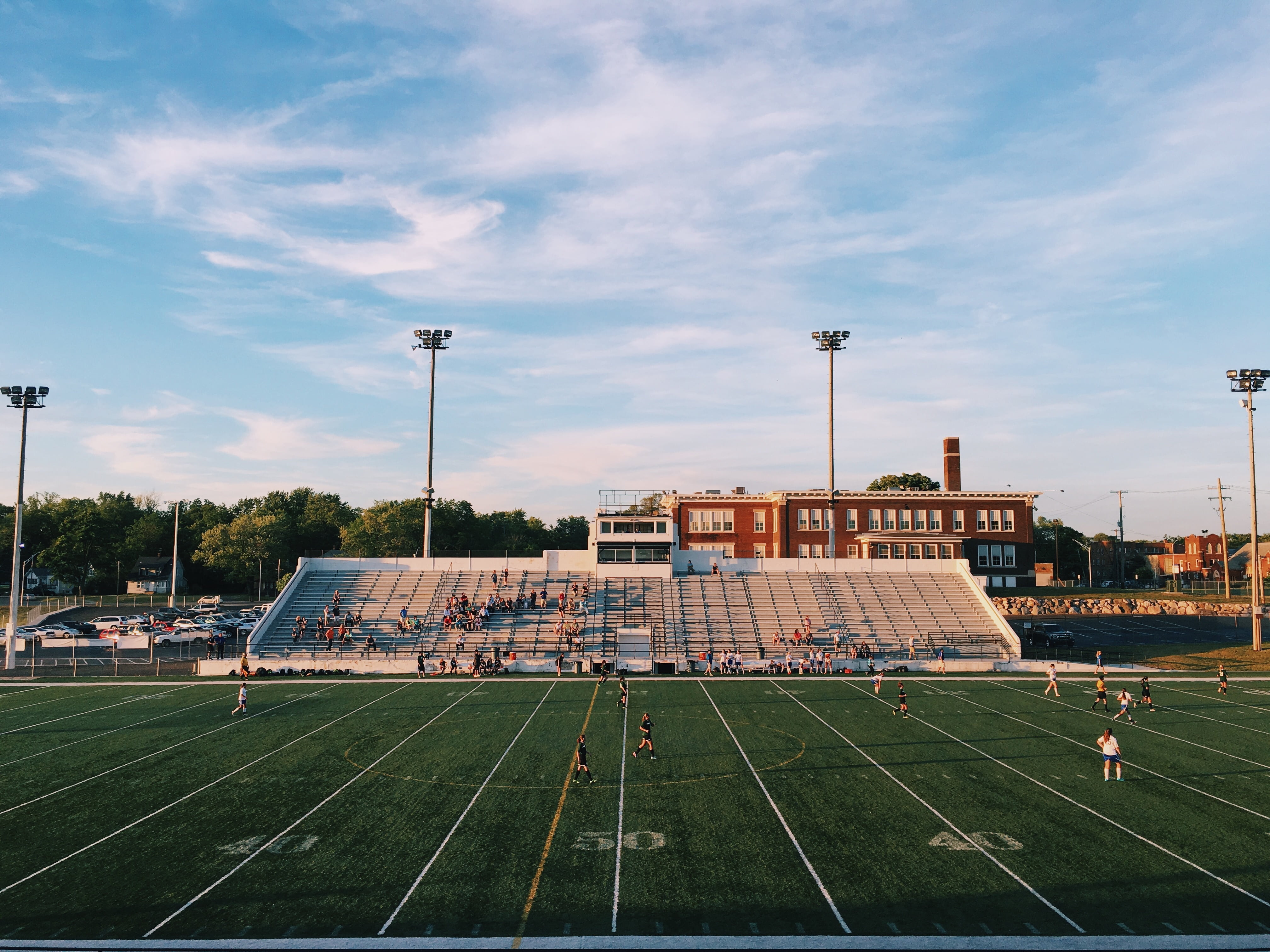 nature, playing field, school, american, buildings, playing, posts, soccer field, building exterior, floodlight, football, 4K, cloud - sky, team sport, HD Wallpaper