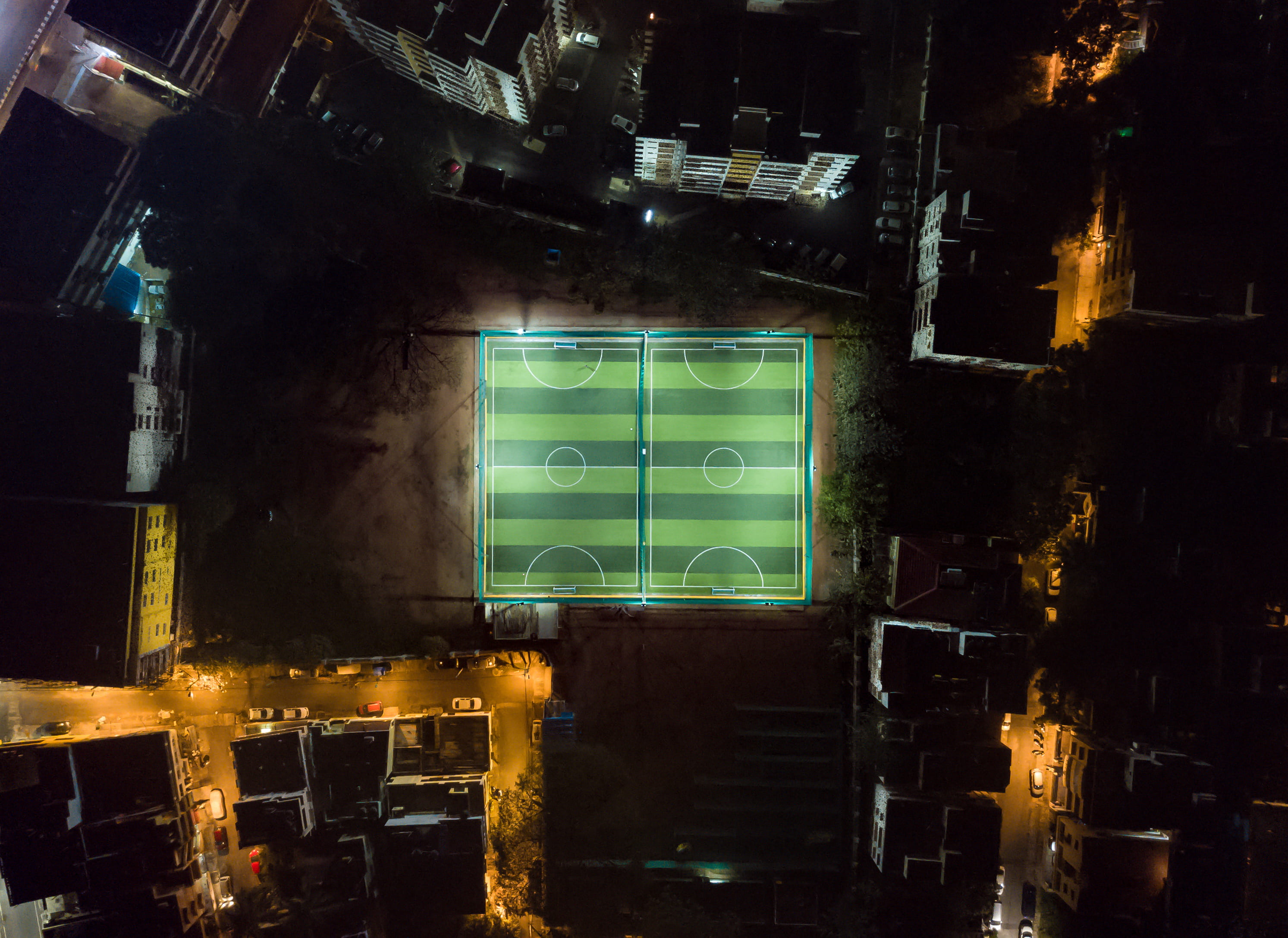 illuminated, communication, high, building, football, neon, street, city, tennis, green color, night, sport, built structure, court, no people, architecture, HD Wallpaper