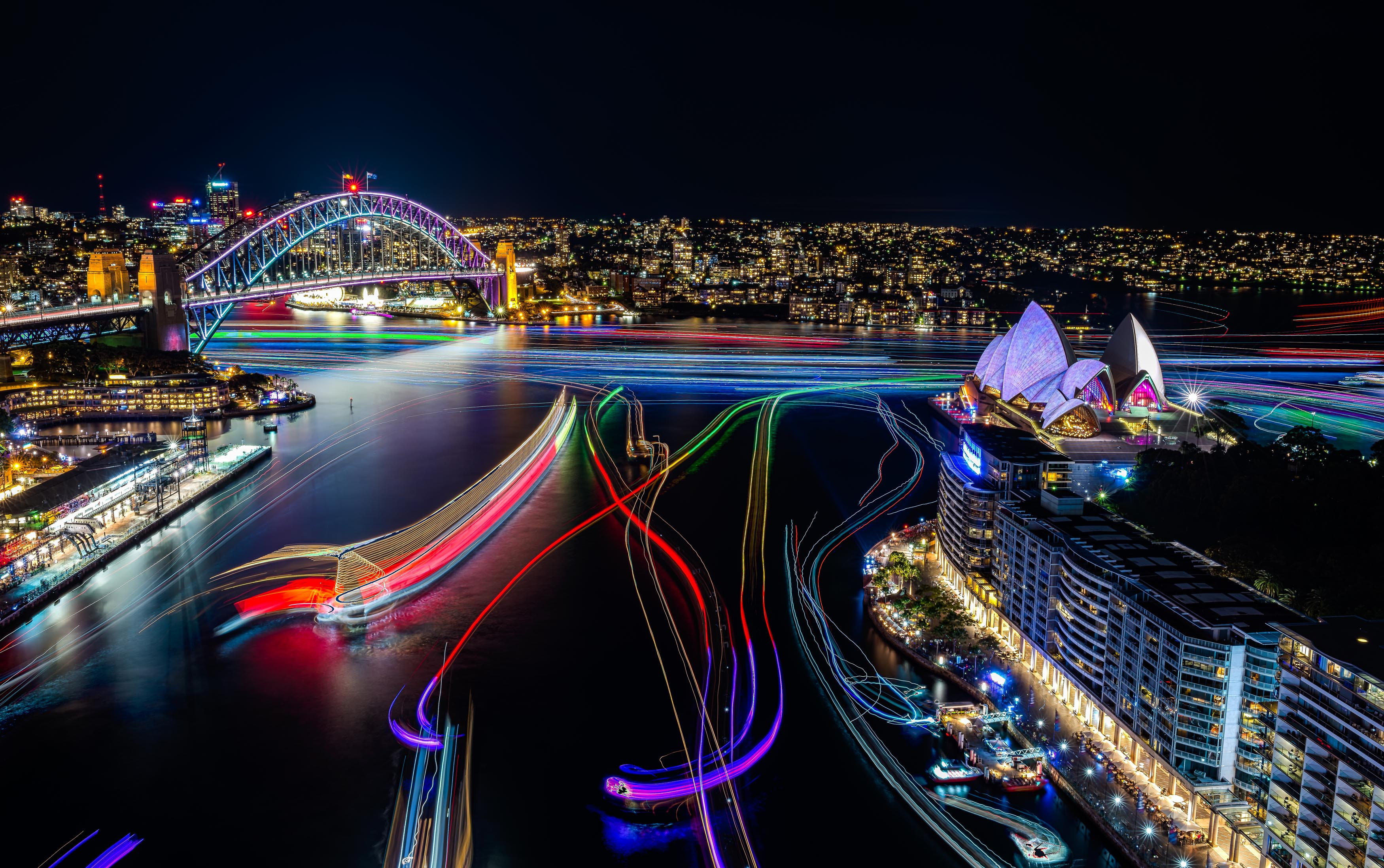 australia, lights, exhibition, cityscape, opera house, Sydney, 2K, vivid, HD Wallpaper