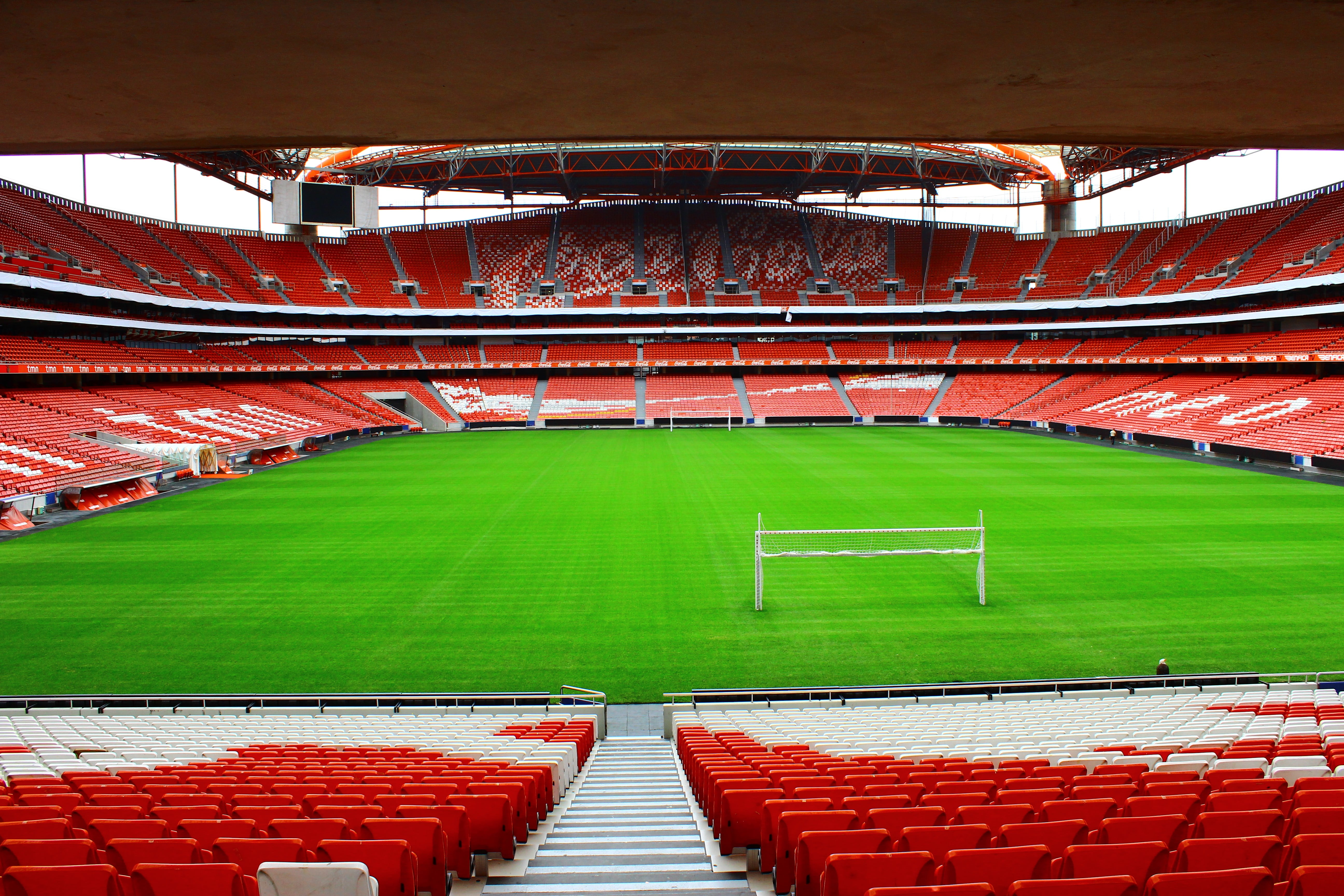 green color, architecture, soccer, team sport, empty, absence, grass, day, seat, soccer field, sport, playing field, red, 5K, bleachers, built structure, HD Wallpaper