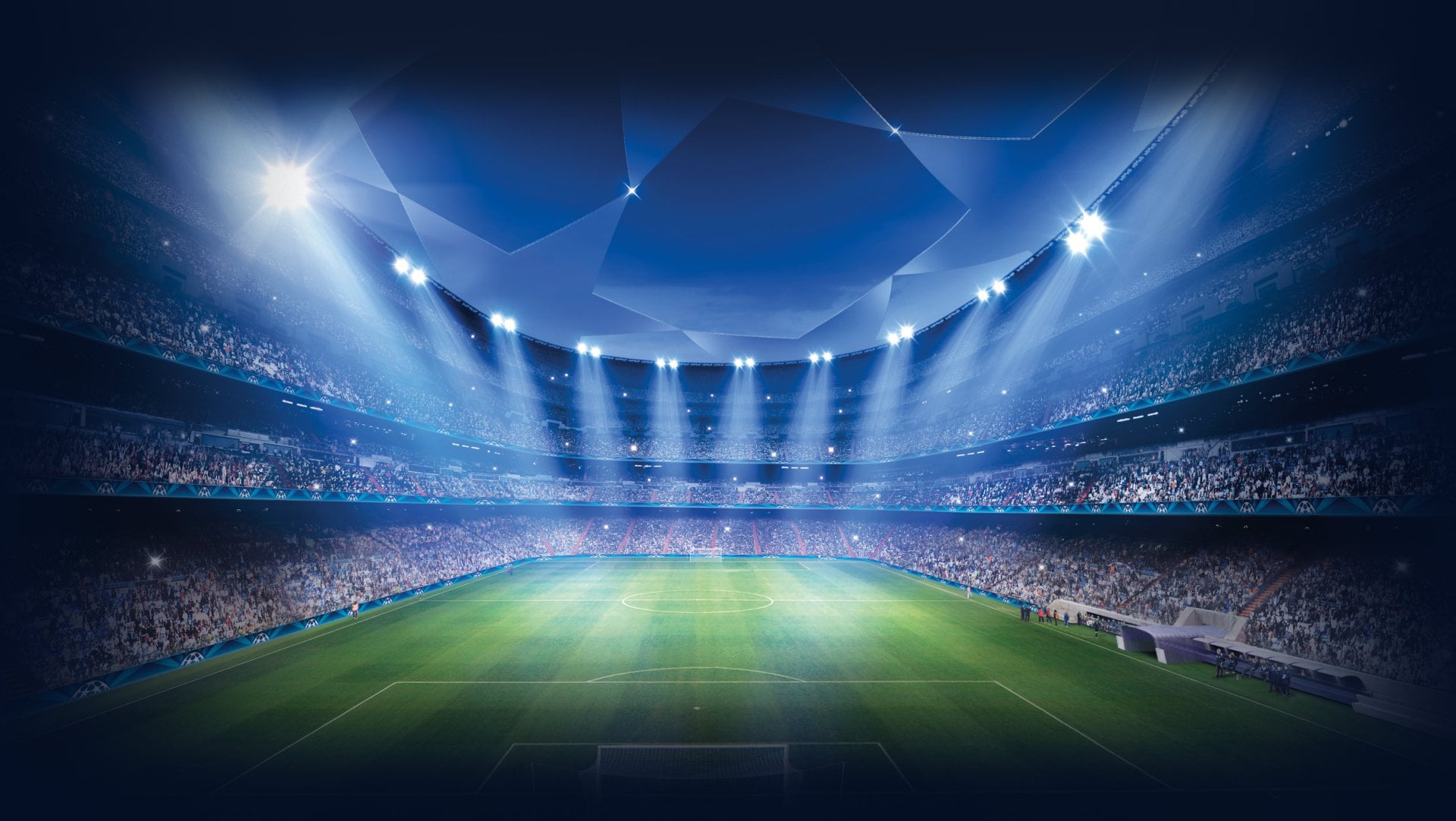 illuminated, night, digital composite, grass, no people, architecture, sports venue, Soccer, UEFA Champions League, 1080P, soccer field, team sport, sport, HD Wallpaper