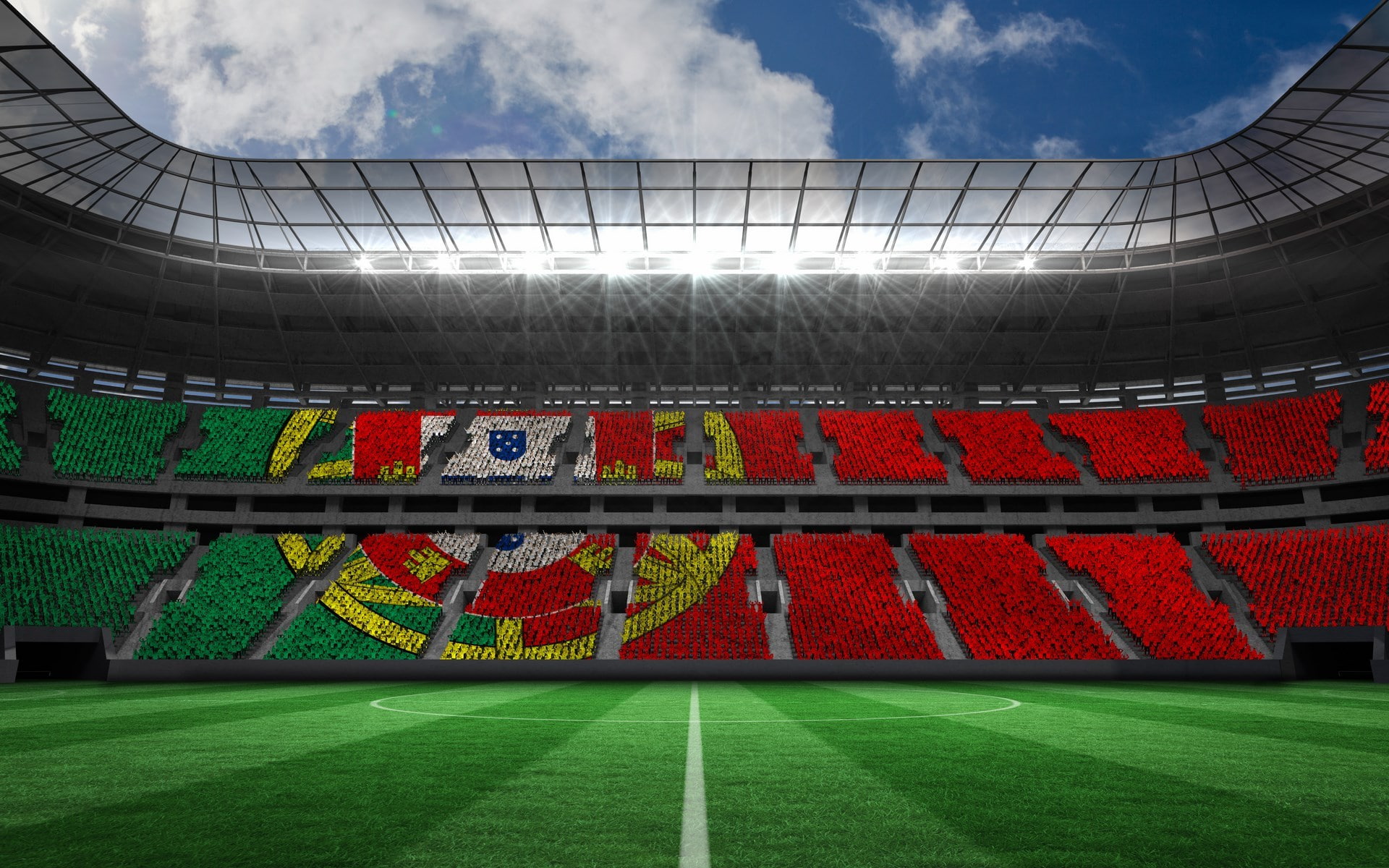 sky, outdoors, soccer field, plant, team sport, playing field, architecture, day, cloud - sky, stadium, competition, seat, bleachers, floodlit, green color, HD Wallpaper