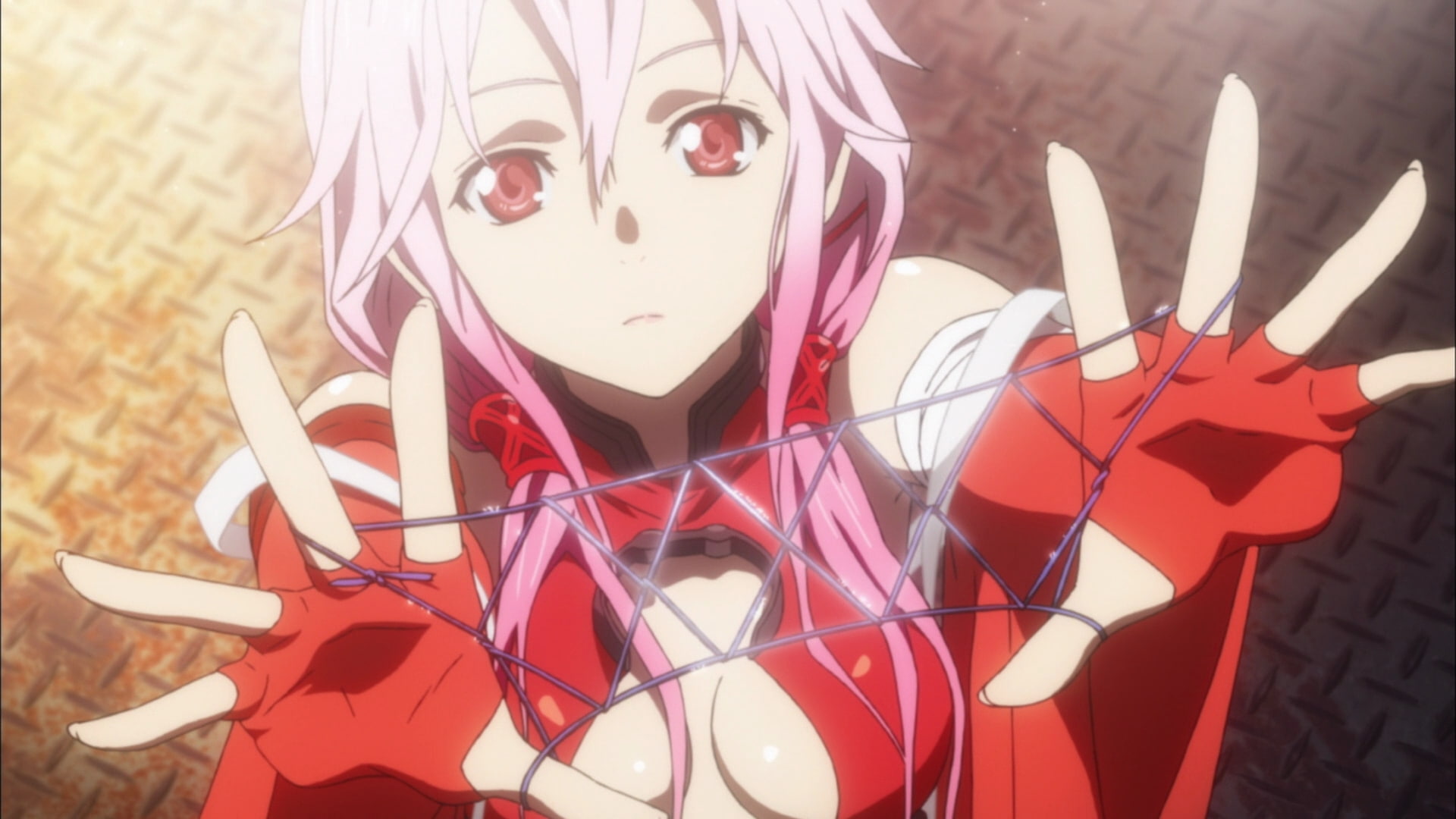 1080P, art, red, anime, red eyes, series, entertainment, tv, snapshot, inori, guilty, x, hair, yuzuriha, pink hair, eyes, hd, pink, crown, HD Wallpaper