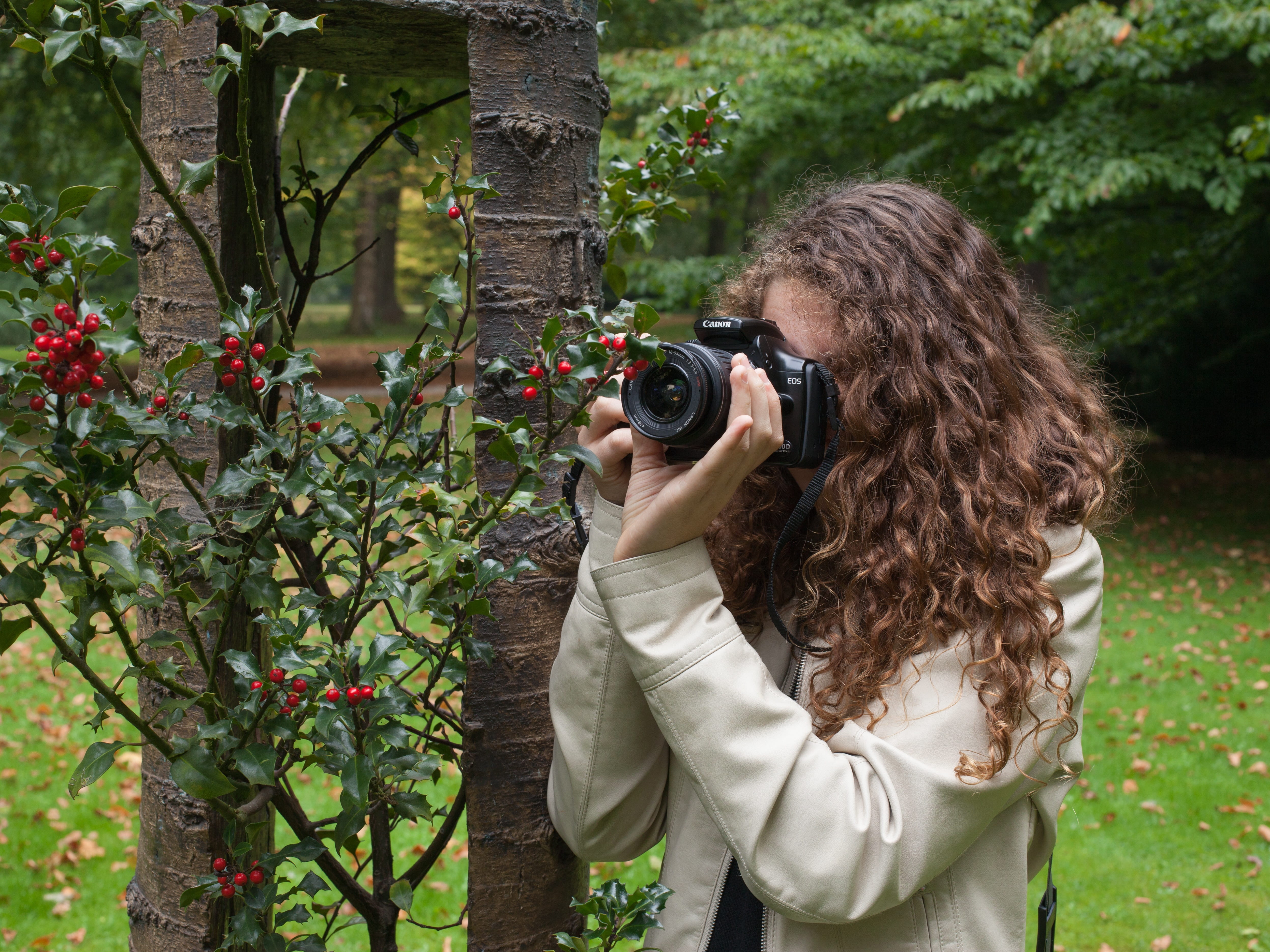 digital camera, nature, camera, tree, one person, standing, holding, real people, take a snapshot, long hair, plant, macro, 4K, photographing, person, HD Wallpaper