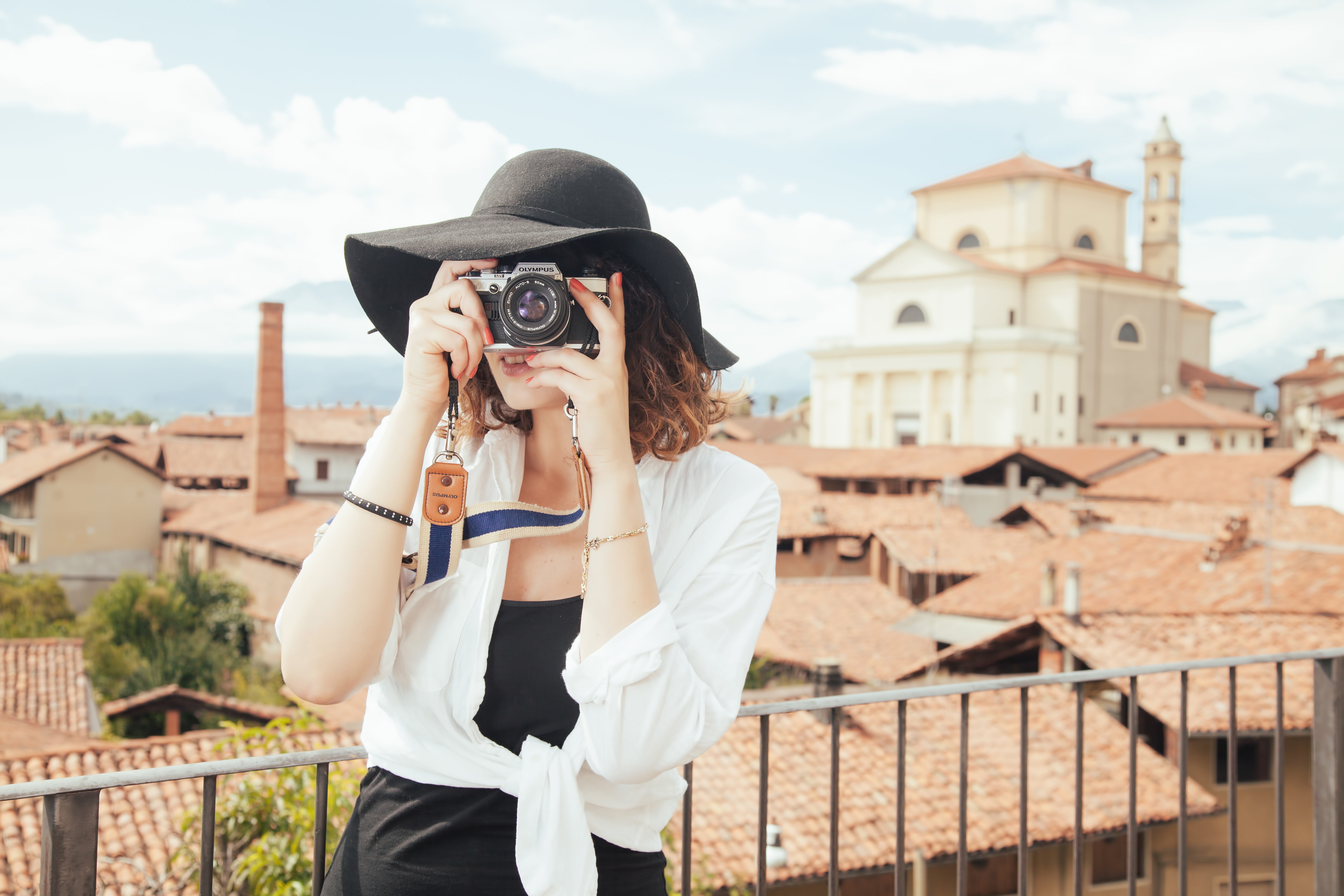 hat, female, snapshot, standing, one woman only, girl, woman, village, photography, young women, cloud - sky, adults only, city, camera, photographer, person, HD Wallpaper