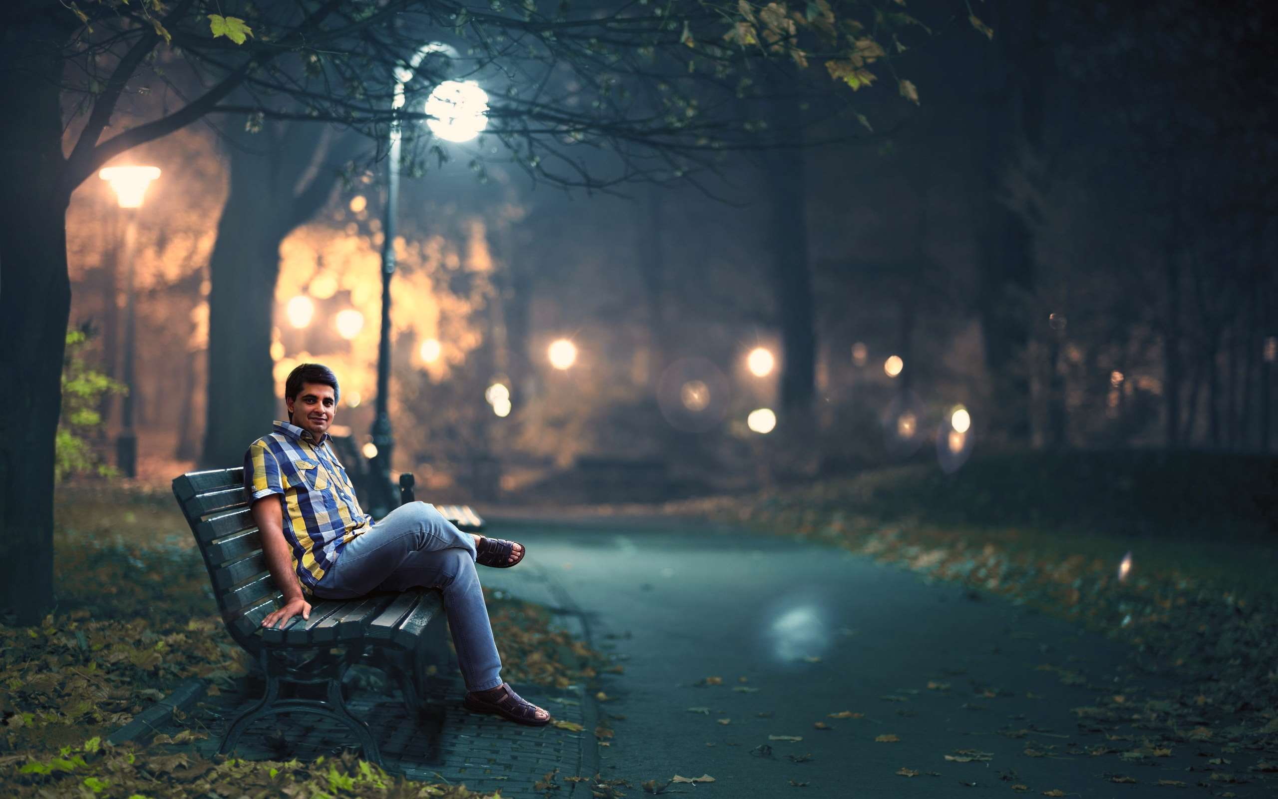 blur, one person, man, casual clothing, 2K, contemplation, young men, park, bench, plant, activity, full length, light, leisure activity, tree, mist, pathway, HD Wallpaper