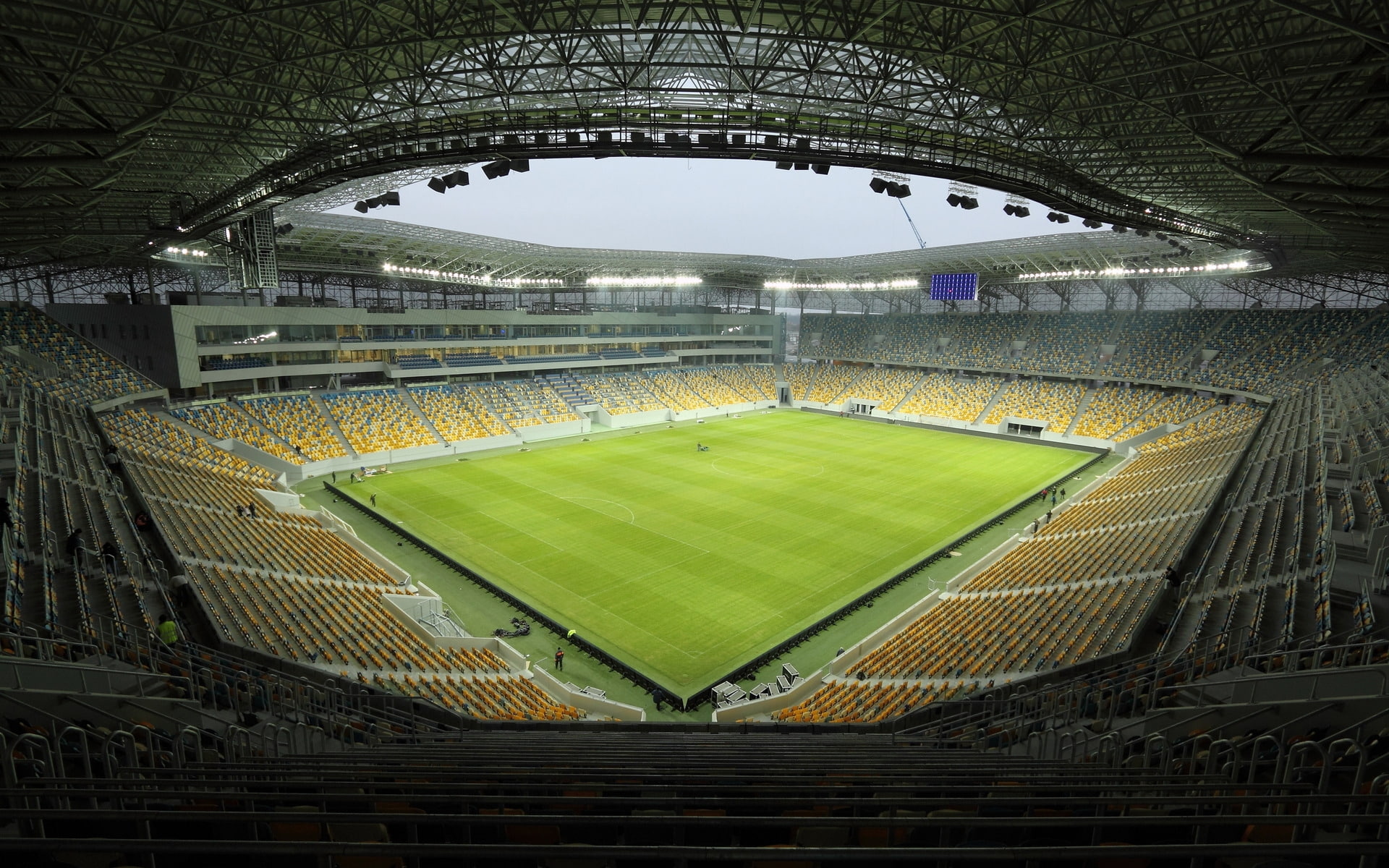 stadium, green, grass, brown, 1080P, empty, soccer, HD Wallpaper