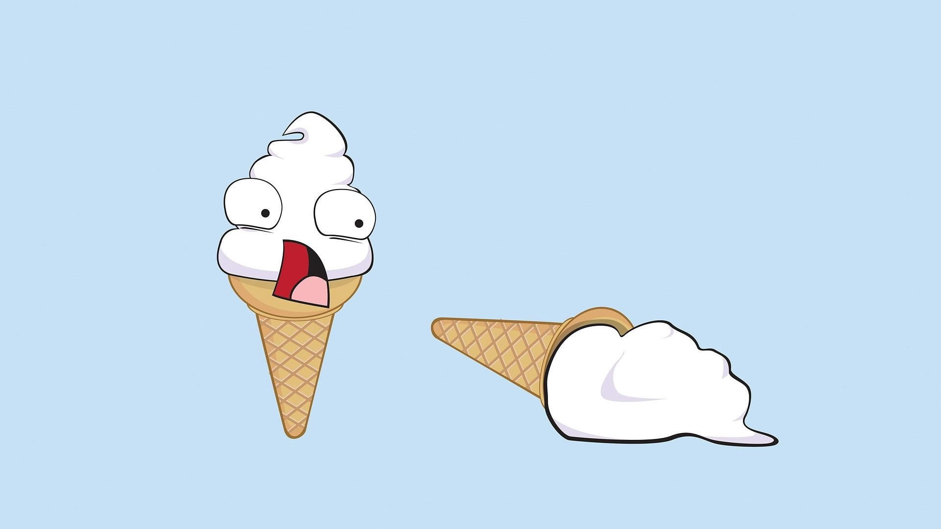 food, humor, symbol, comic Book, happiness, sweet, ice Cream Cone, two, nature, illustration, crust, gourmet, sky, anthropomorphic smiley face, fun, blue background, HD Wallpaper
