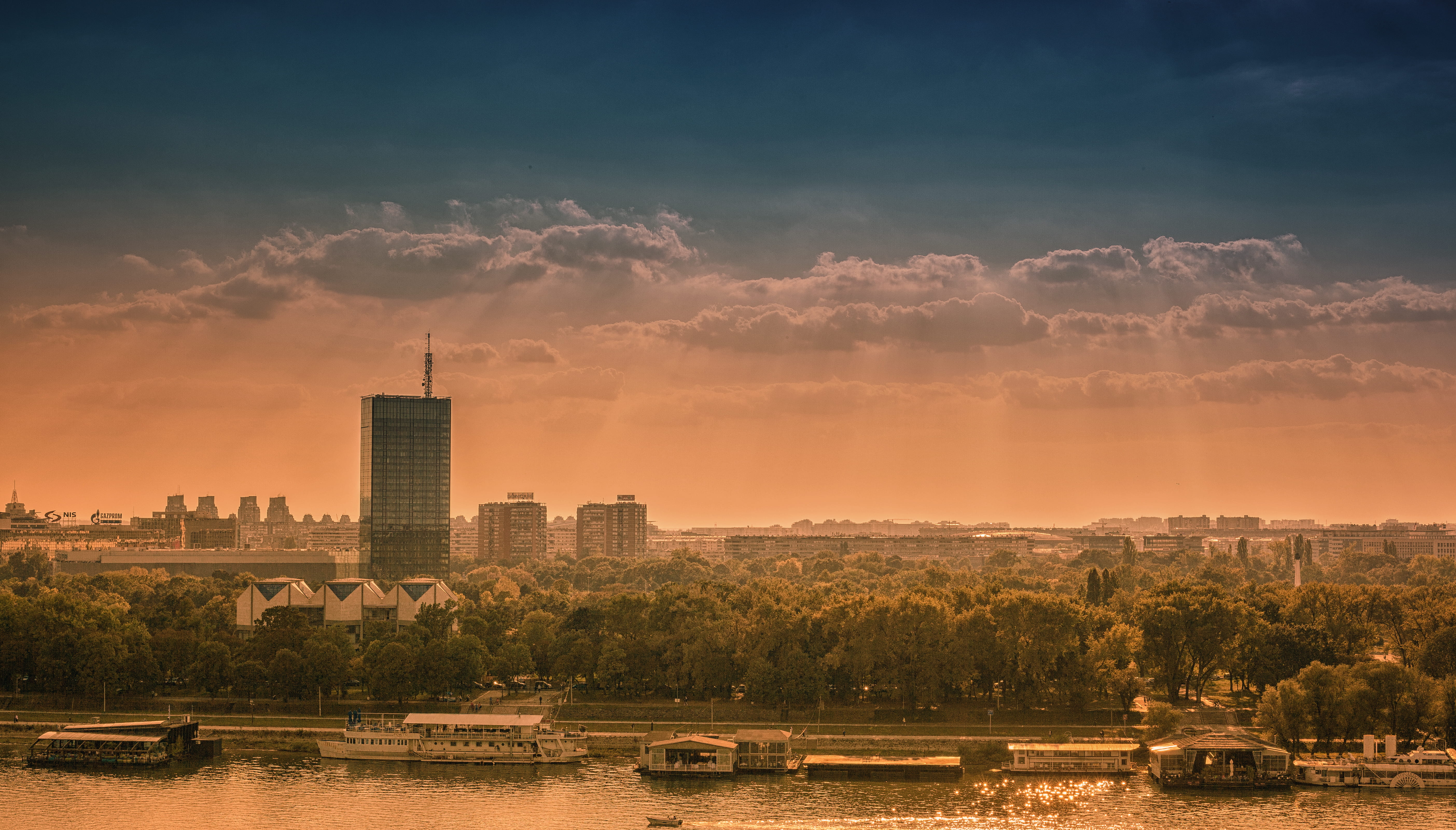 5K, office building exterior, sky, outdoors, nautical vessel, landscape, waterfront, belgrade, cloud - sky, nature, no people, built structure, sunset, HD Wallpaper